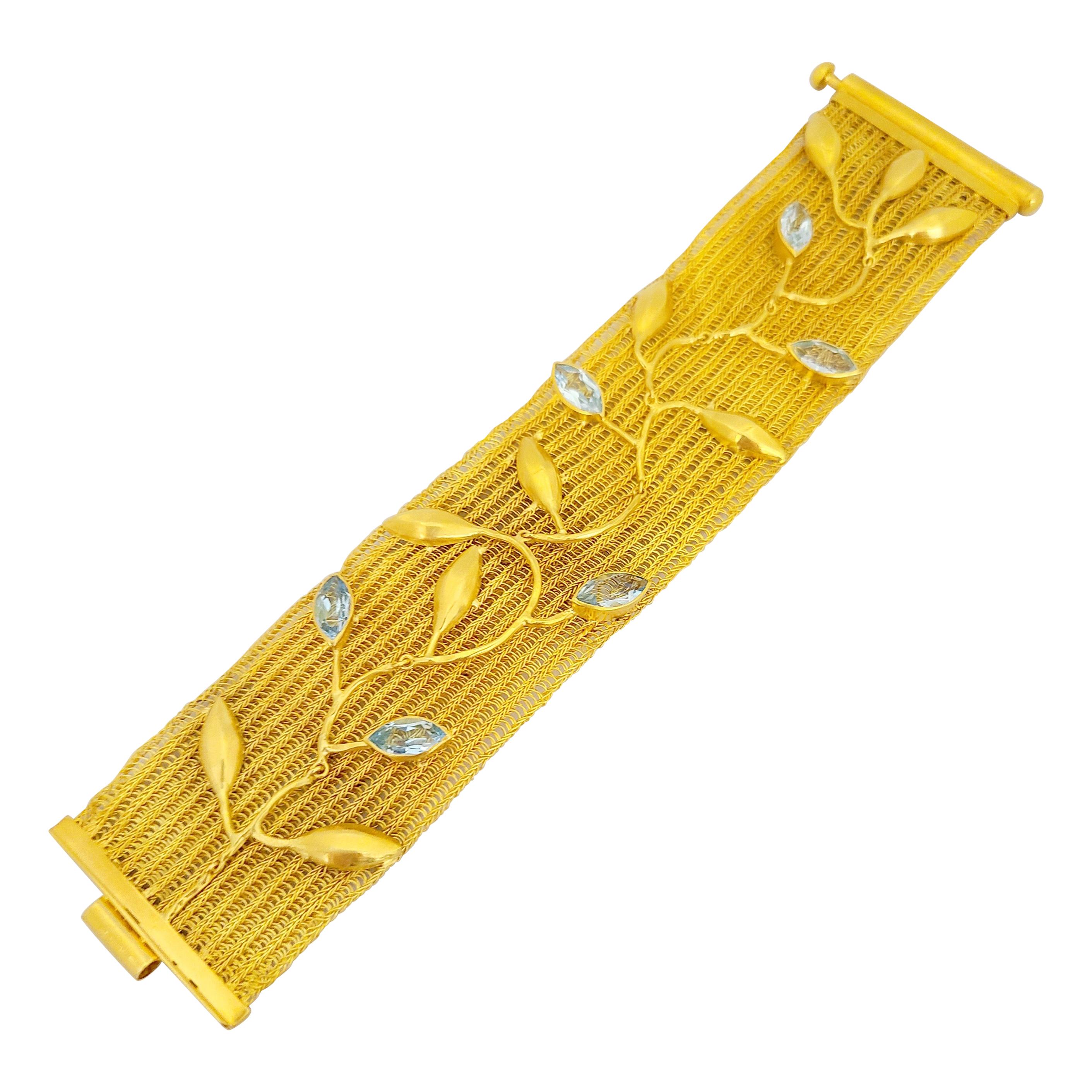 Julie Baker 18 Karat Yellow Gold Bracelet with 7.00 Carat Marquis Cut Blue Topaz For Sale