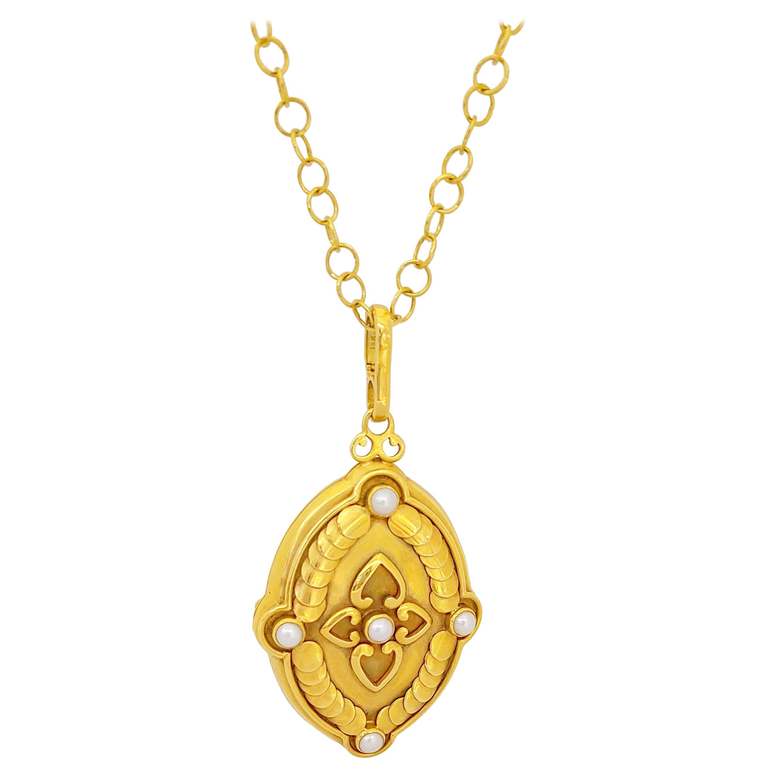 Julie Baker 18 Karat Yellow Gold Locket with Pearls with Open Link Chain For Sale