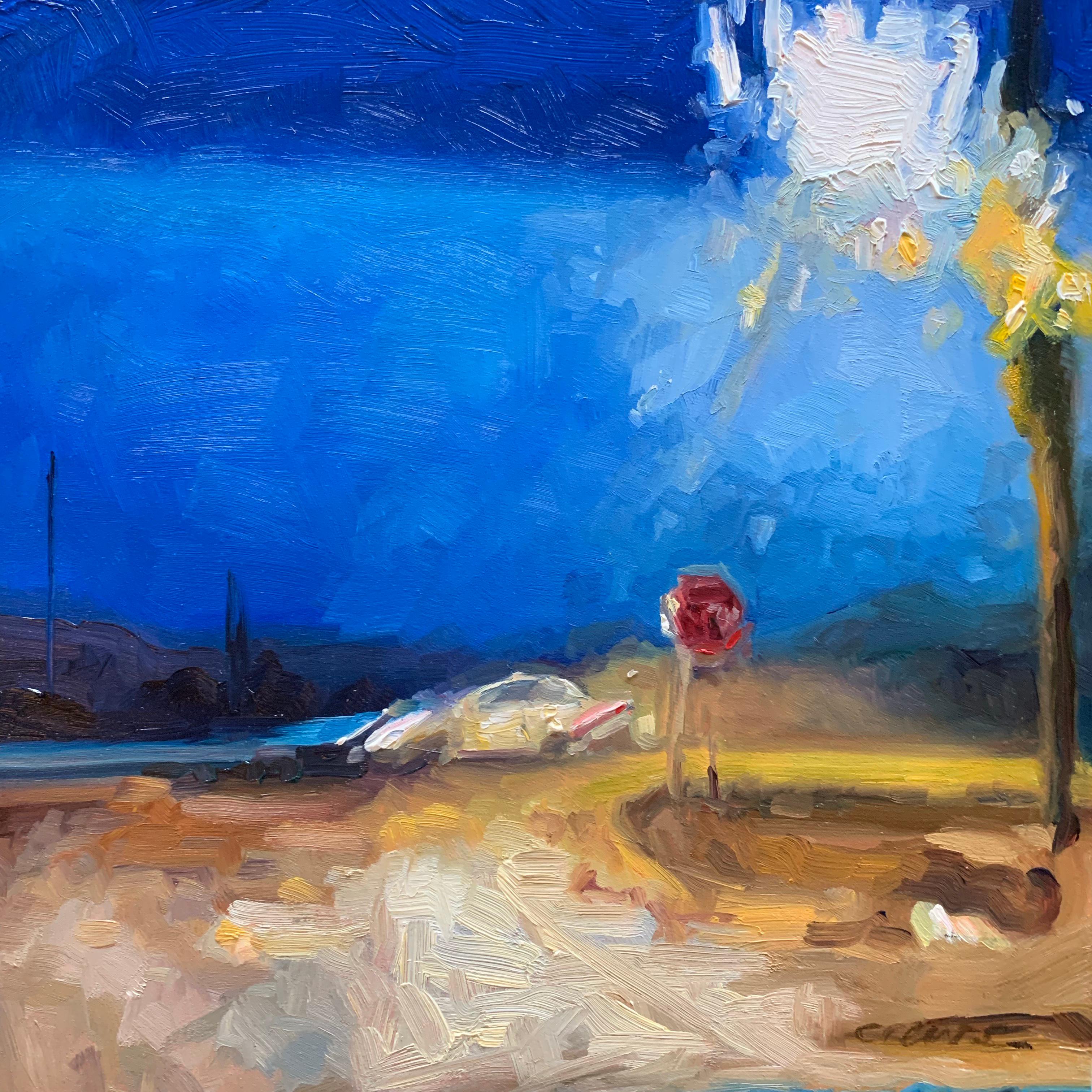 Julie Crews Landscape Painting - "Driving at Night #3" oil on wood panel painting, landscape, miniature