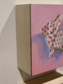 "Origami Rabbit" oil on wood panel painting, miniature, polka dot bunny, origami