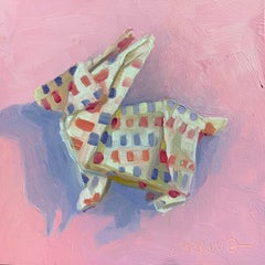 "Origami Rabbit" oil on wood panel painting, miniature, polka dot bunny, origami