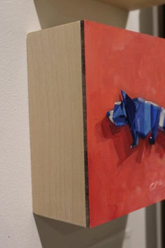 "Origami Raccoon" oil on wood panel painting, miniature, blue raccoon, origami