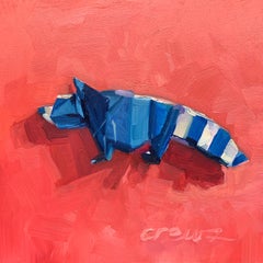 "Origami Raccoon" oil on wood panel painting, miniature, blue raccoon, origami