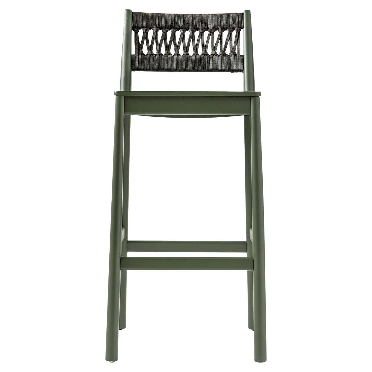 Julie Dark Green Wood Bar Stool With Rope Backrest by TrabA'