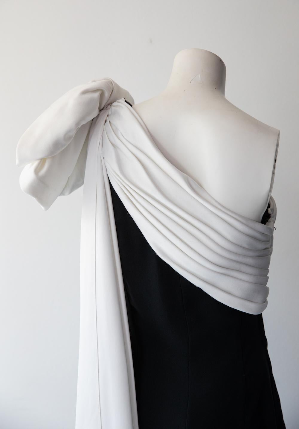 Julie Duroche Vintage Black and White One Shoulder Gown For Sale 1