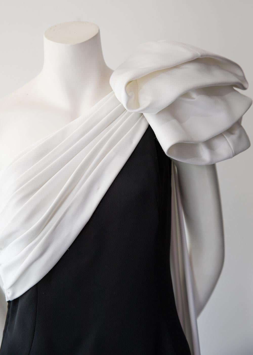 Julie Duroche Vintage Black and White One Shoulder Gown For Sale 2