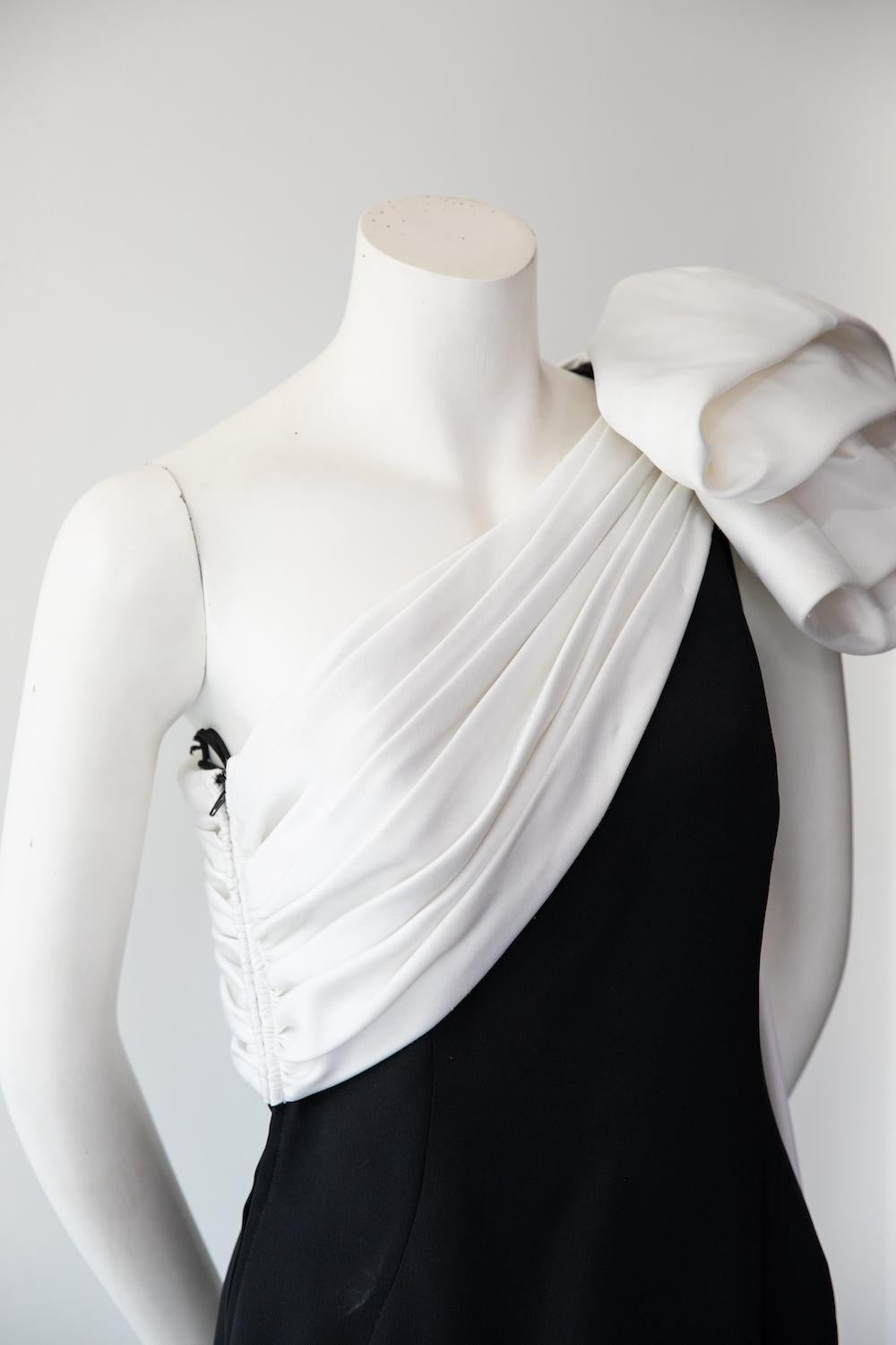 Julie Duroche Vintage Black and White One Shoulder Gown For Sale 3
