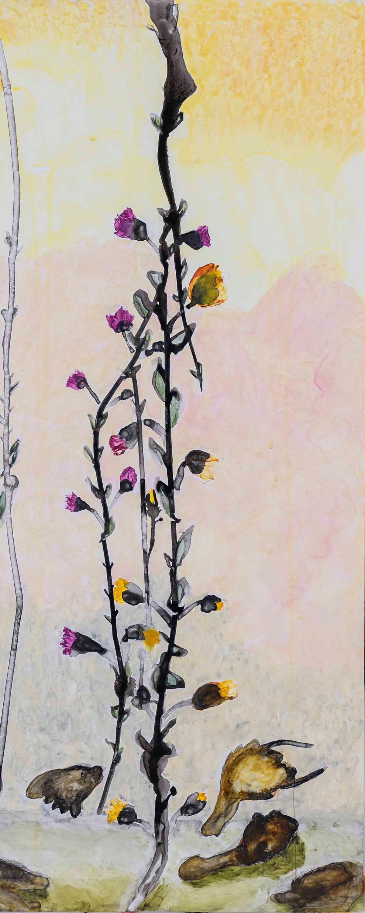  End of Season de l'artiste texane Julie England est une technique mixte sur papier Yupo. La taille des  Fin de Fin de  La saison est de 37″ x 24″ Image 46″ x 32 3/4″ encadrée. L'Art est placé dans un cadre de galerie blanc ou neutre d'une