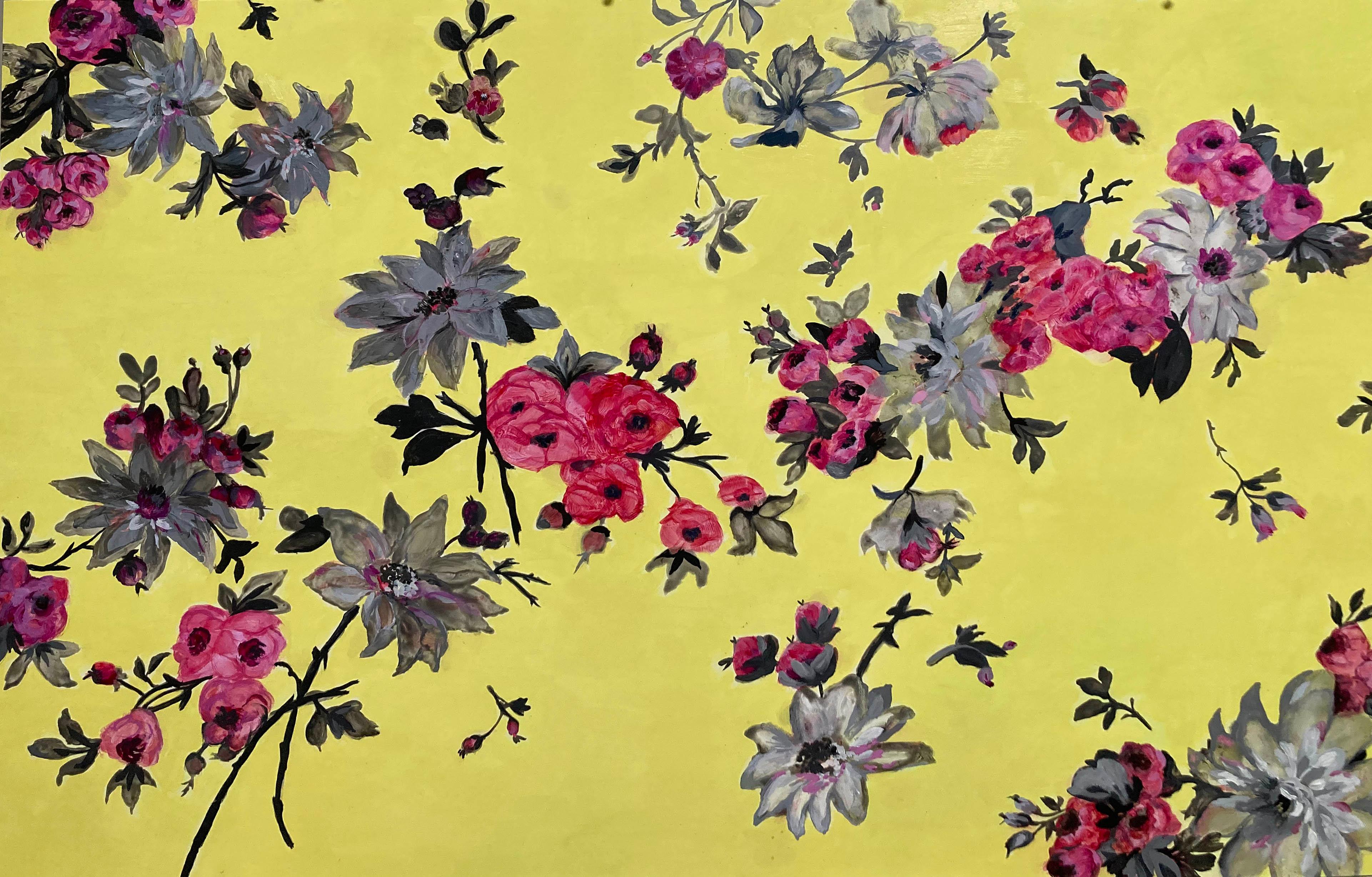 Julie England Still-Life Painting - Harmony Watercolor Acrylic and Oil on Yupo Paper 26" x 40" Gray and Pink