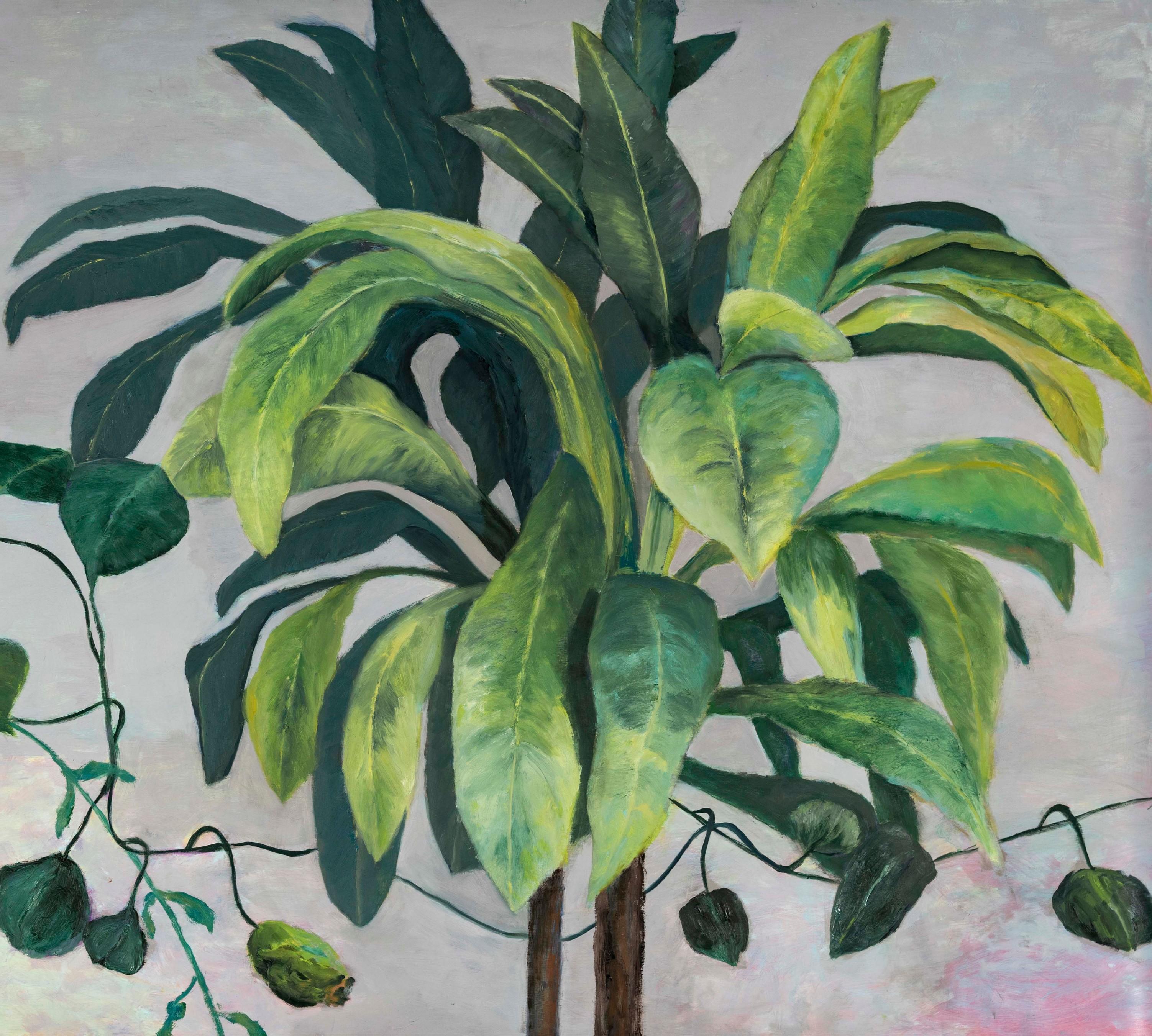 House Sitters oil on Yupo paper Floral Plant 30” x 45”  31 1/2” x 46 1/4” Framed - Painting by Julie England