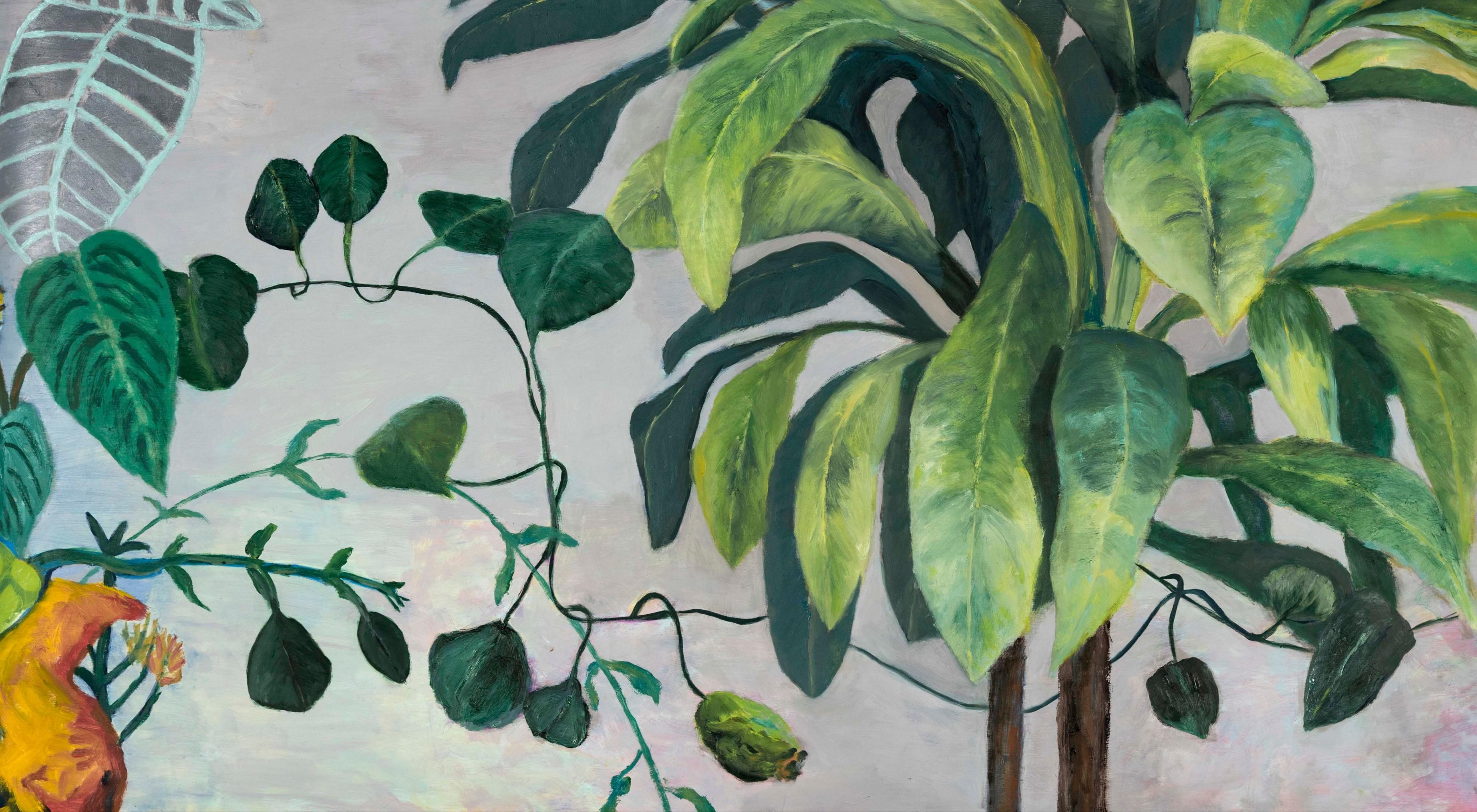 House Sitters oil on Yupo paper Floral Plant 30” x 45”  31 1/2” x 46 1/4” Framed - Gray Still-Life Painting by Julie England