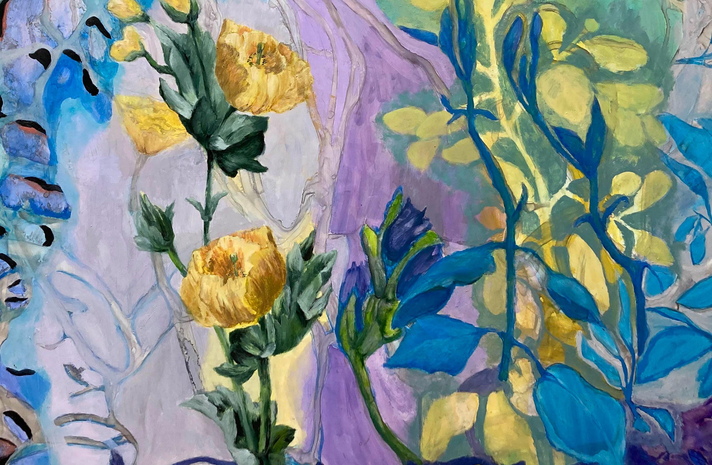 Yellow Poppies   Ink Watercolor Oil on Yupo paper 26” x 40” Framed 31 ¼” x 45 ¼” - Art by Julie England