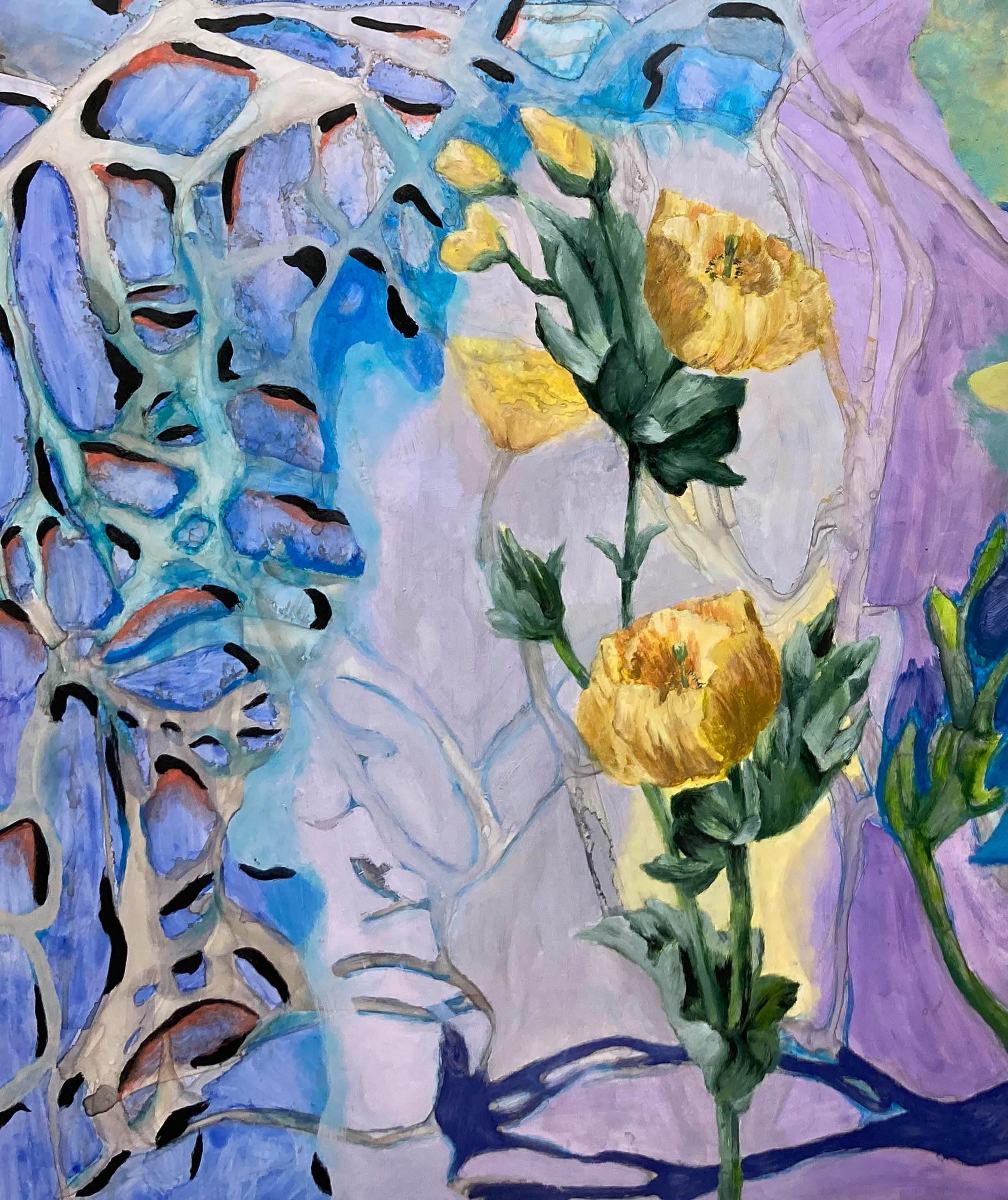Yellow Poppies by  Texas artist Julie England is an  Ink and  Watercolor, Oil on Yupo paper. The size of Yellow Poppies is  Image  26” x 40” Framed 31 ¼” x 45 ¼”  Yellow Poppies by Julie England is floated in a white 2” depth gallery frame with OP3