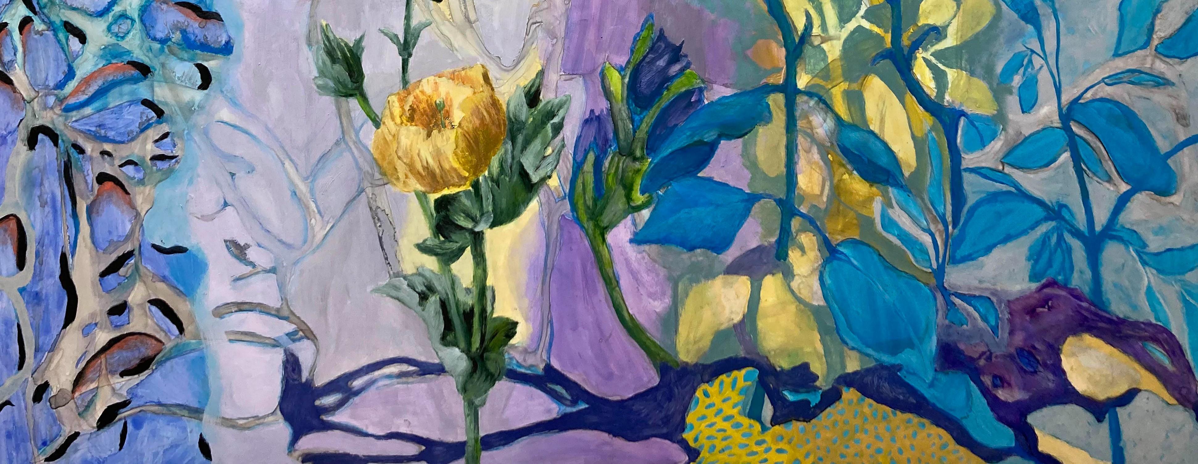 Yellow Poppies   Ink Watercolor Oil on Yupo paper 26” x 40” Framed 31 ¼” x 45 ¼” For Sale 2