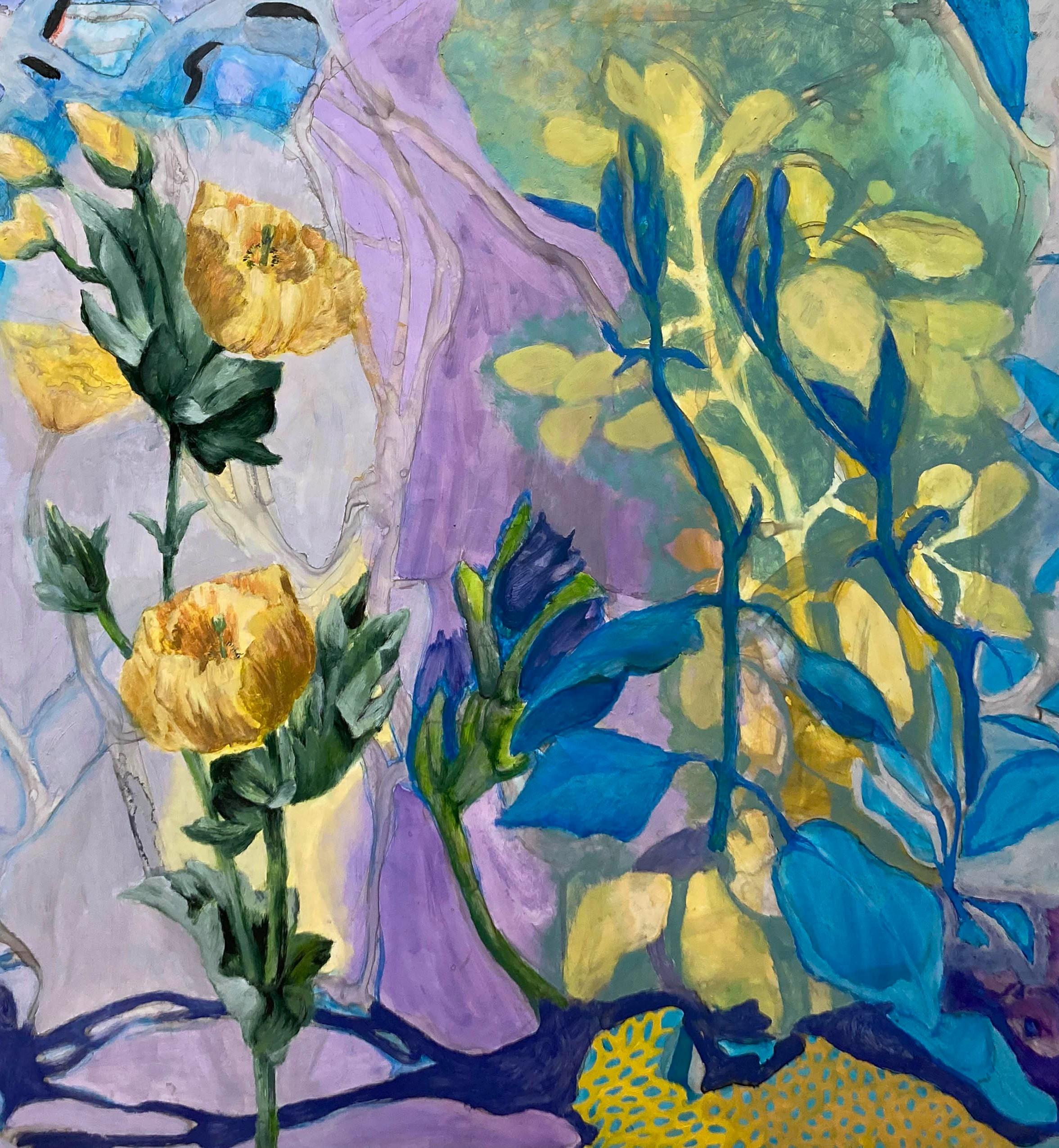 Yellow Poppies   Ink Watercolor Oil on Yupo paper 26” x 40” Framed 31 ¼” x 45 ¼” For Sale 3