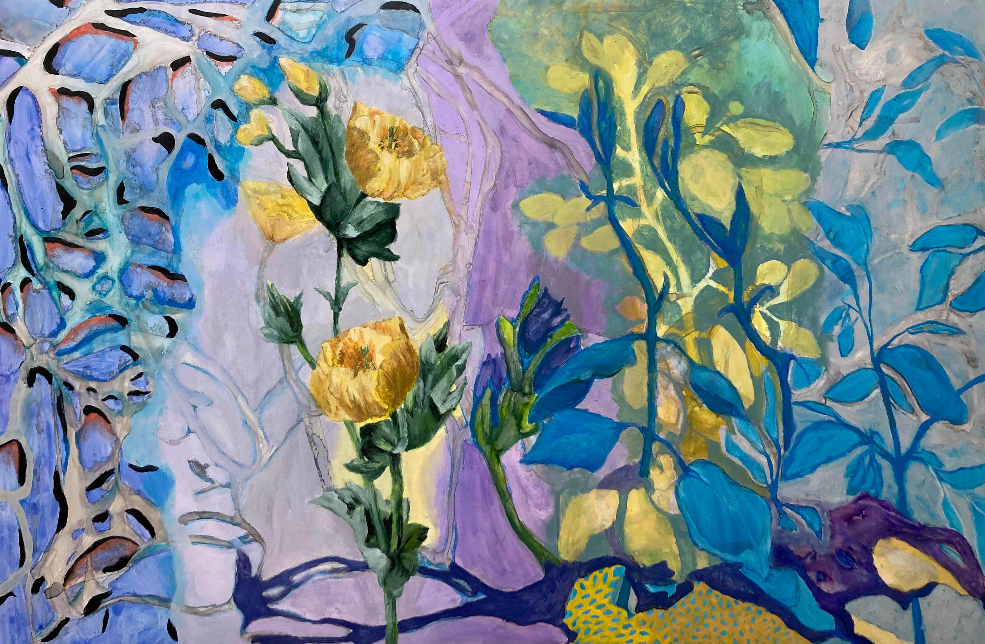 Julie England Landscape Art – Schwertlilien     Tinte,  Aquarell, Öl auf Yupo-Papier 26 x 40   Gerahmt 31 ¼ x 45 ¼