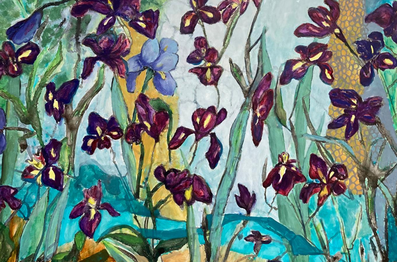 Schwertlilien     Tinte,  Aquarell, Öl auf Yupo-Papier 26 x 40   Gerahmt 31 ¼ x 45 ¼ – Art von Julie England