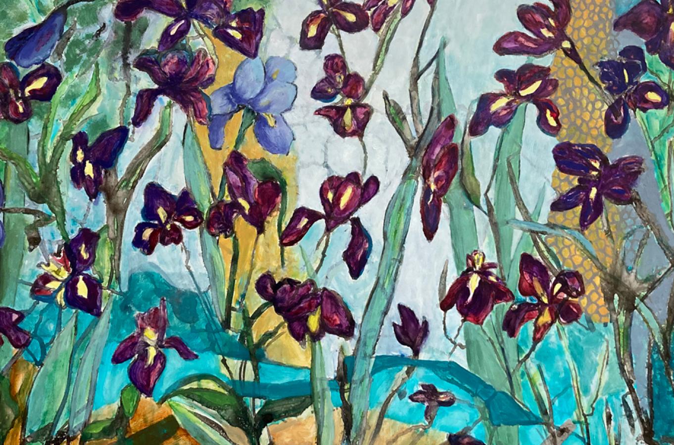 Irises     Ink,  Watercolor, Oil on Yupo paper 26” x 40”   Framed 31 ¼” x 45 ¼” - American Realist Art by Julie England
