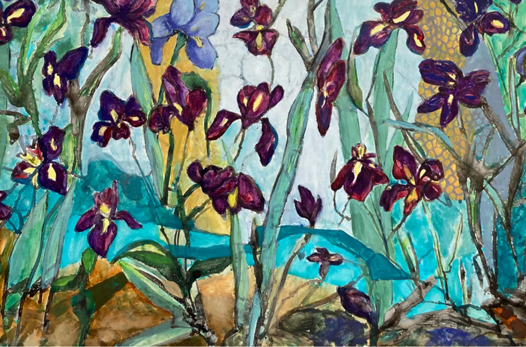 Irises by  Texas artist Julie England is an  Ink and  Watercolor, Oil on Yupo paper. THe size of Irises  is  Image  26” x 40” Framed 31 ¼” x 45 ¼” Art is floated in a white 2” depth gallery frame with OP 3 plexi glazing.    Look for free shipping at