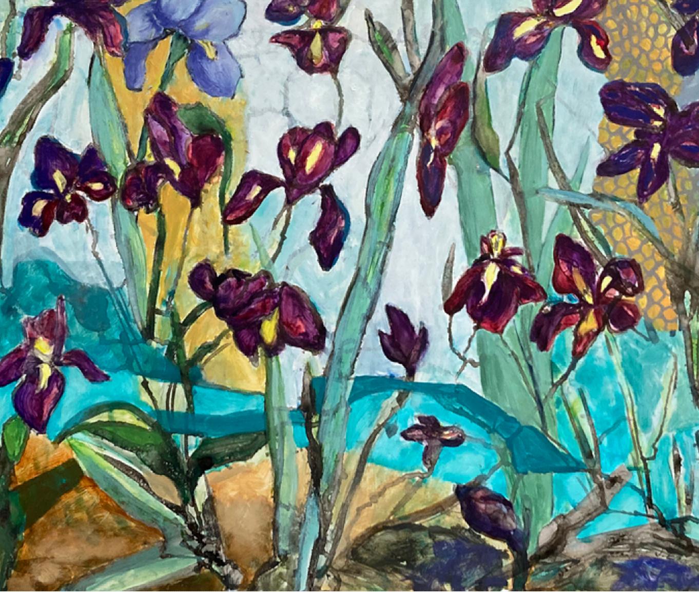 Irises     Ink,  Watercolor, Oil on Yupo paper 26” x 40”   Framed 31 ¼” x 45 ¼” For Sale 1