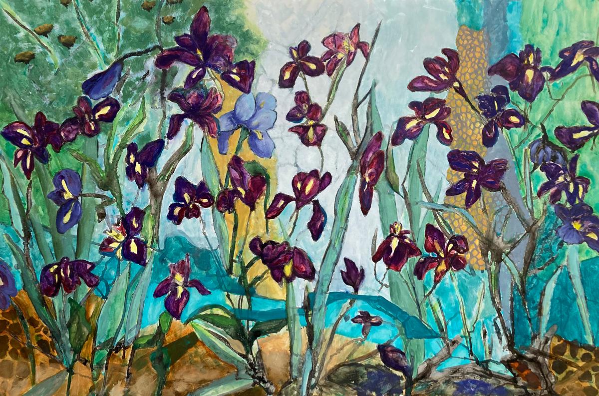 Irises     Ink,  Watercolor, Oil on Yupo paper 26” x 40”   Framed 31 ¼” x 45 ¼”