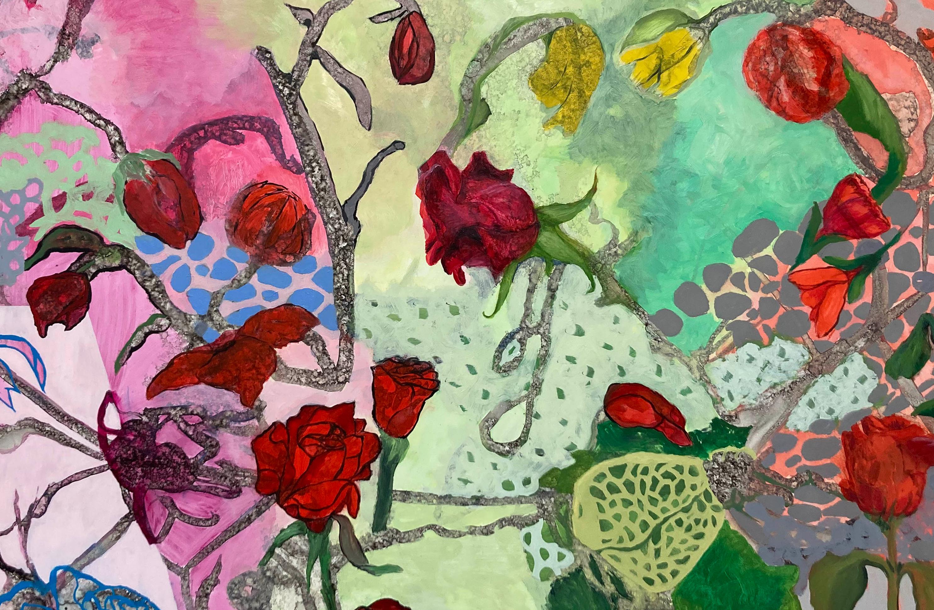 Rote Rosen  Tinte,  Aquarell, Öl auf Jupo 26″ x 40″ Bild 31 1/4″ x 45 1/4″ Rahmen – Painting von Julie England