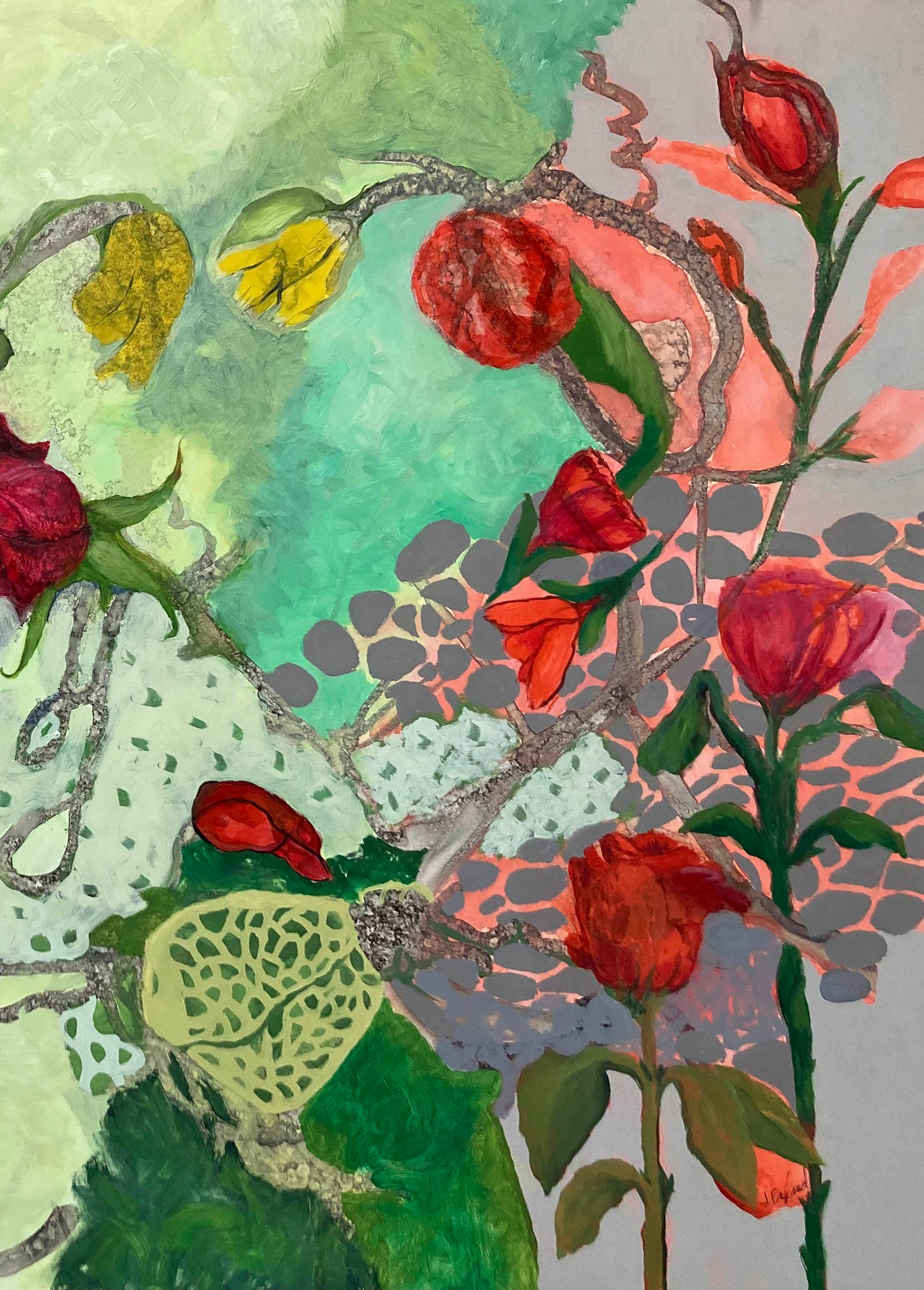 Rote Rosen  Tinte,  Aquarell, Öl auf Jupo 26″ x 40″ Bild 31 1/4″ x 45 1/4″ Rahmen (Amerikanischer Realismus), Painting, von Julie England