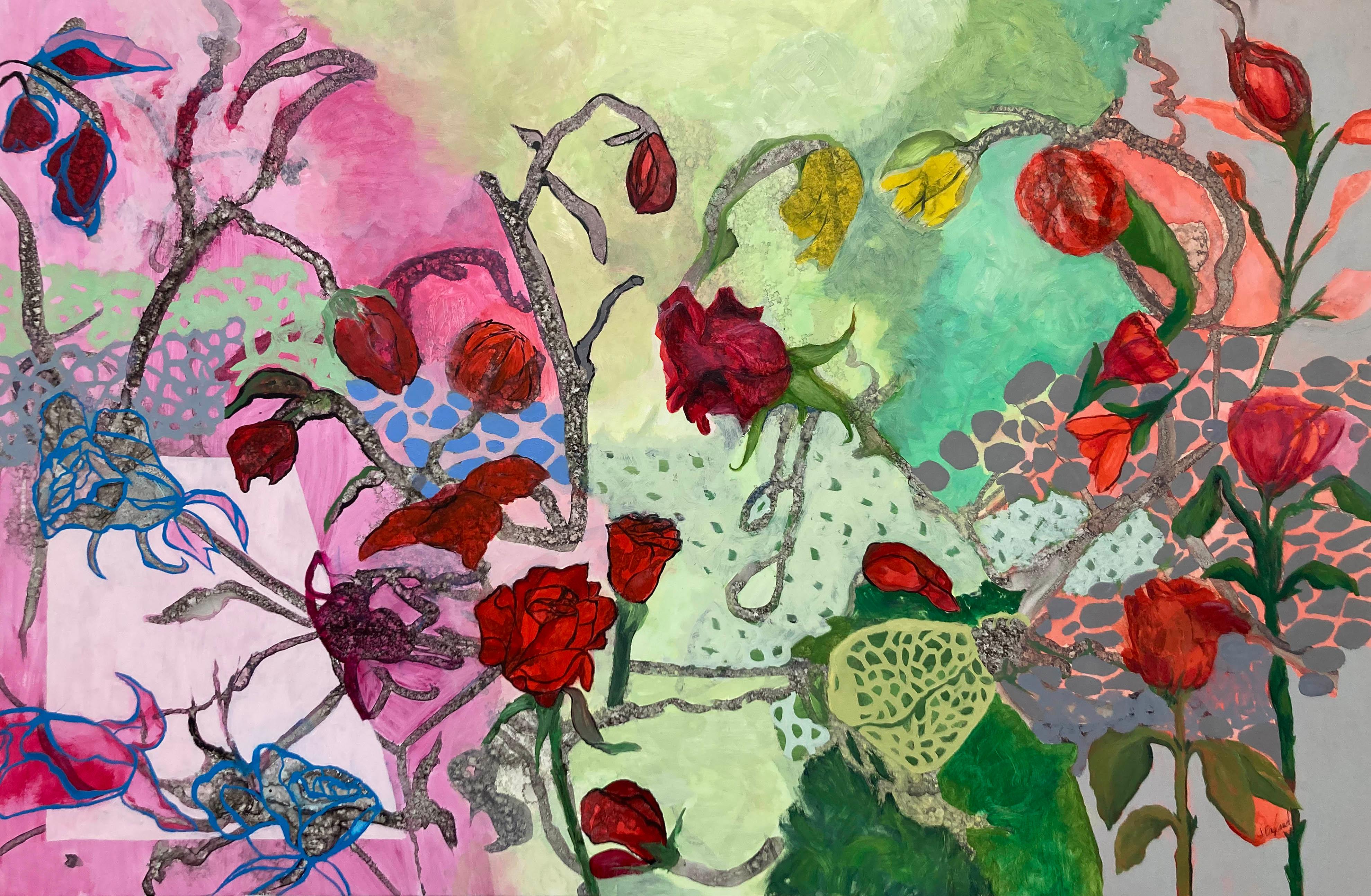 Julie England Landscape Painting – Rote Rosen  Tinte,  Aquarell, Öl auf Jupo 26″ x 40″ Bild 31 1/4″ x 45 1/4″ Rahmen