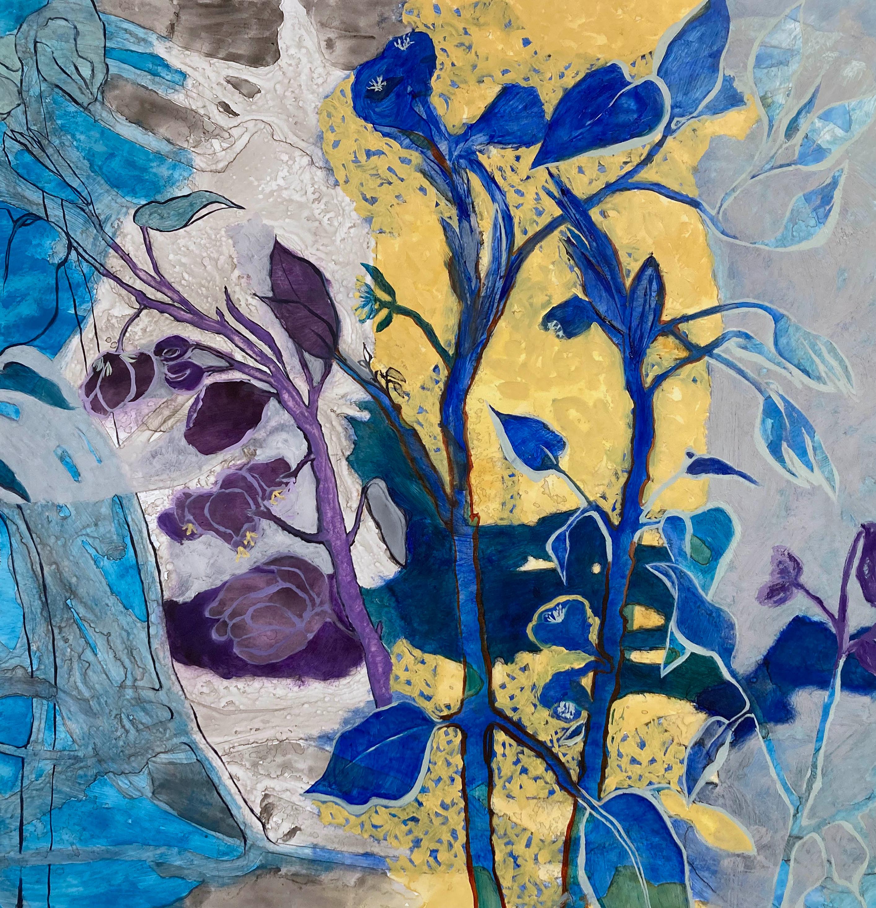 Hojas de verano  Técnica mixta sobre papel Yupo 20″ x 26″ Imagen 28 1/2″ x 34 1/2″ - Mixed Media Art realista estadounidense de Julie England