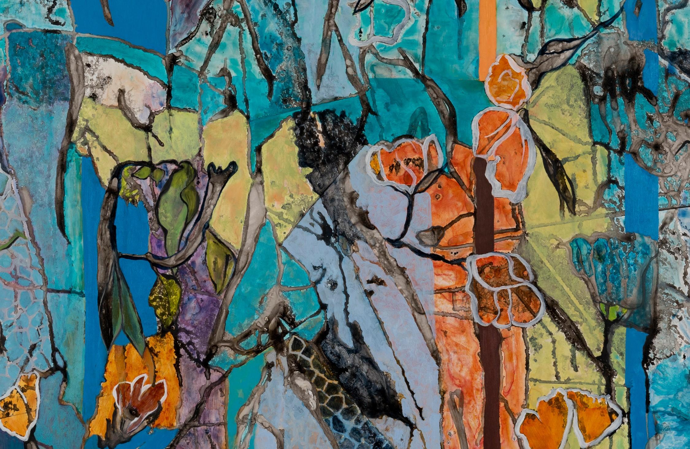 Wendy's Garden Trellis Tinte, Aquarell und Öl auf Yupo Botanical Series 26 x 40 – Painting von Julie England