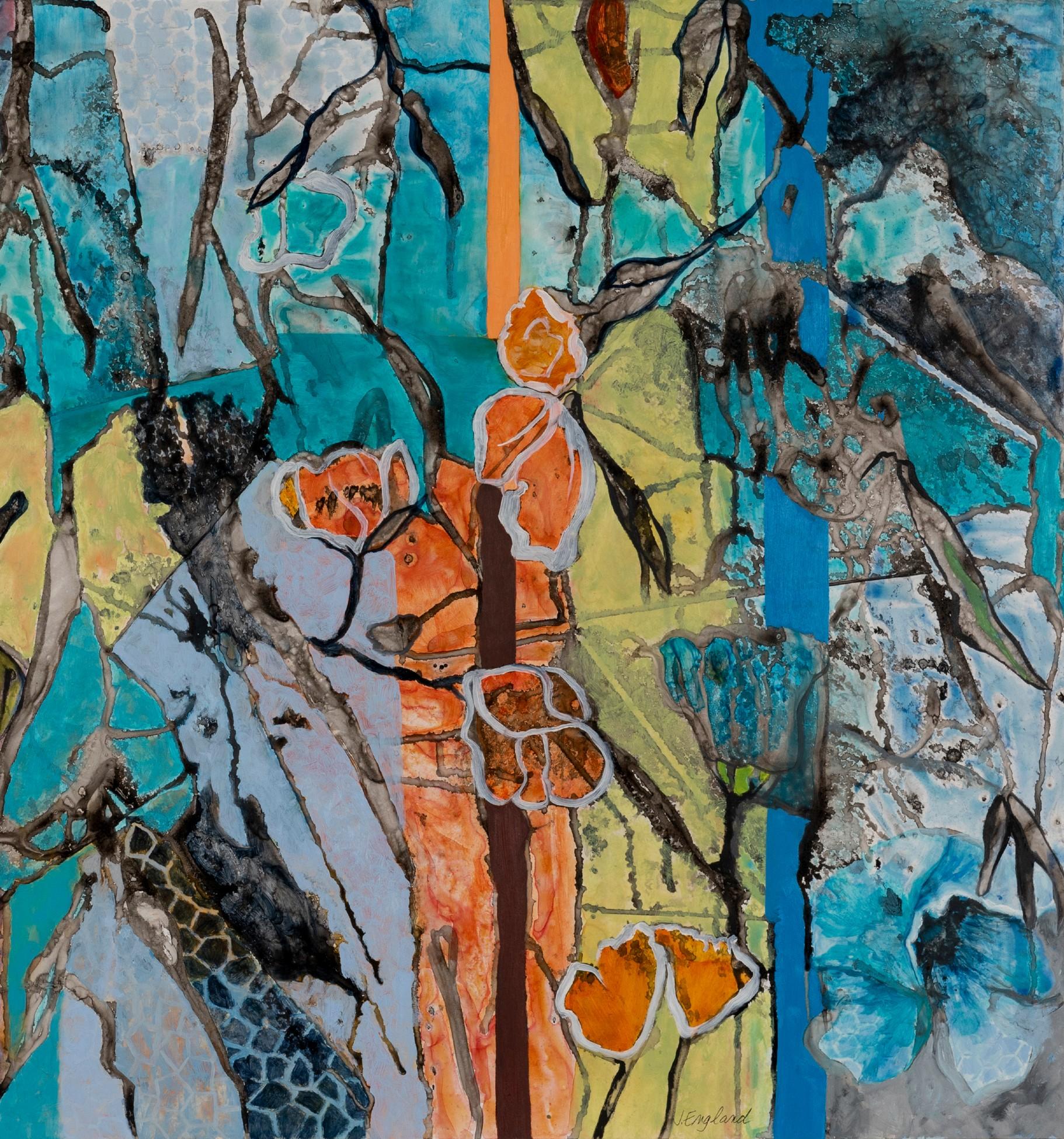 Wendy's Garden Trellis Tinte, Aquarell und Öl auf Yupo Botanical Series 26 x 40 (Grau), Landscape Painting, von Julie England