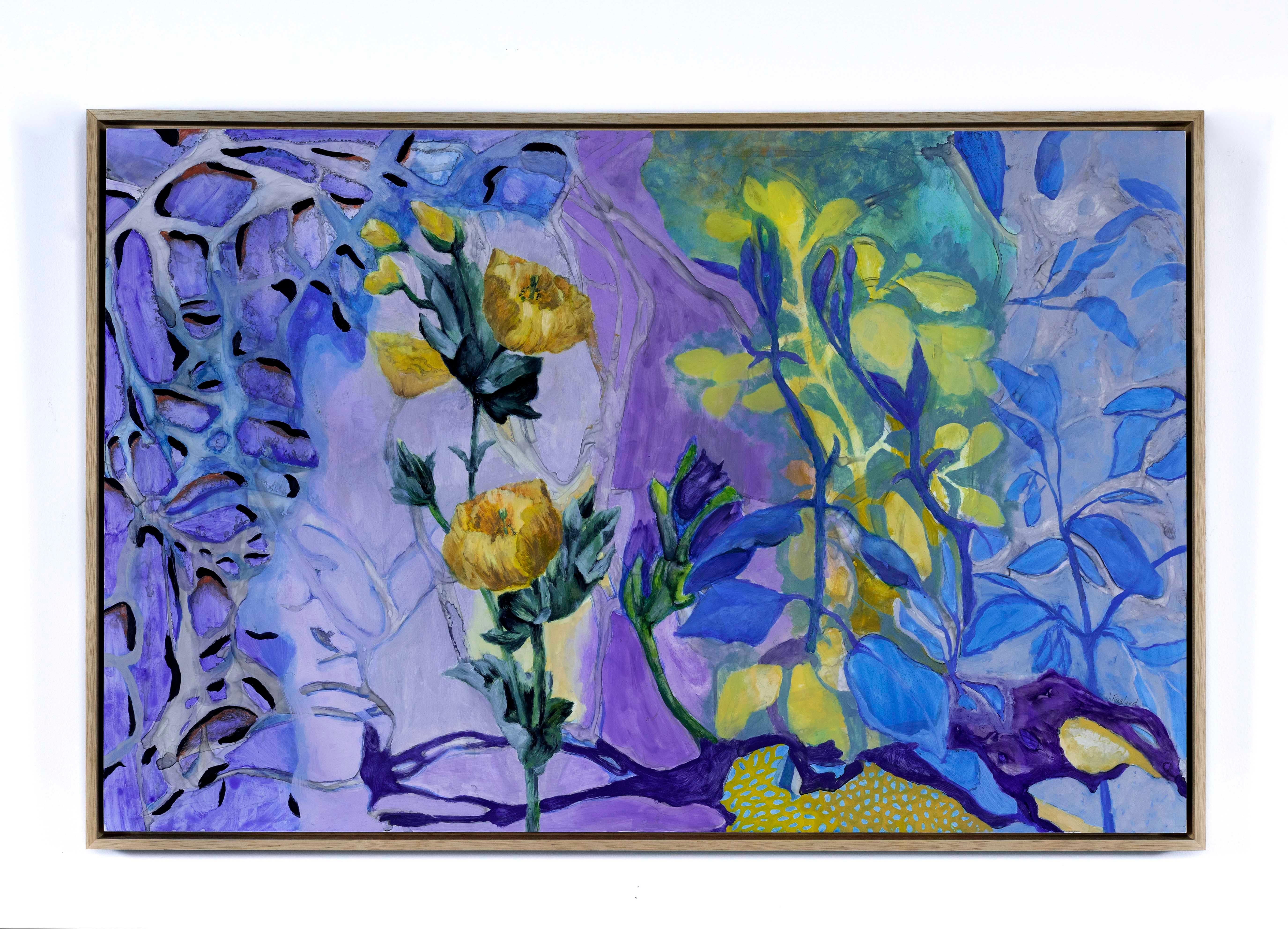 Landscape Art Julie England - Coquelicots jaunes   Encre Aquarelle Huile sur papier Yupo 26 x 40 Encadré 31 ¼ x 45 ¼