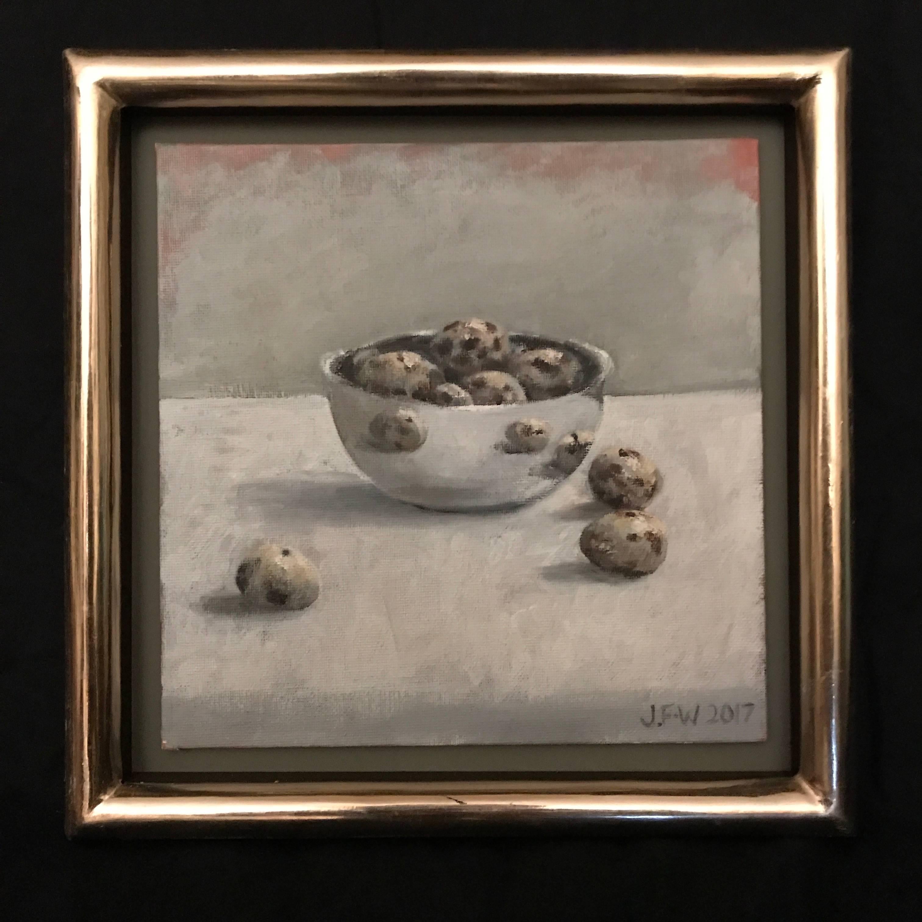 Julie Fleming-Williams Still-Life Painting - Quail eggs in a silver bowl
