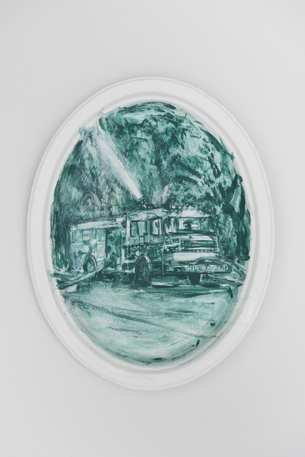 Julie Green, Hose, acrylic and glow in the dark paint on Chinet paper platter, 10 x 12.75 x 0.25 inches. 

With the Fashion Plate series Julie Green weaves together several creative threads that have figured in her work for decades, blending “high”