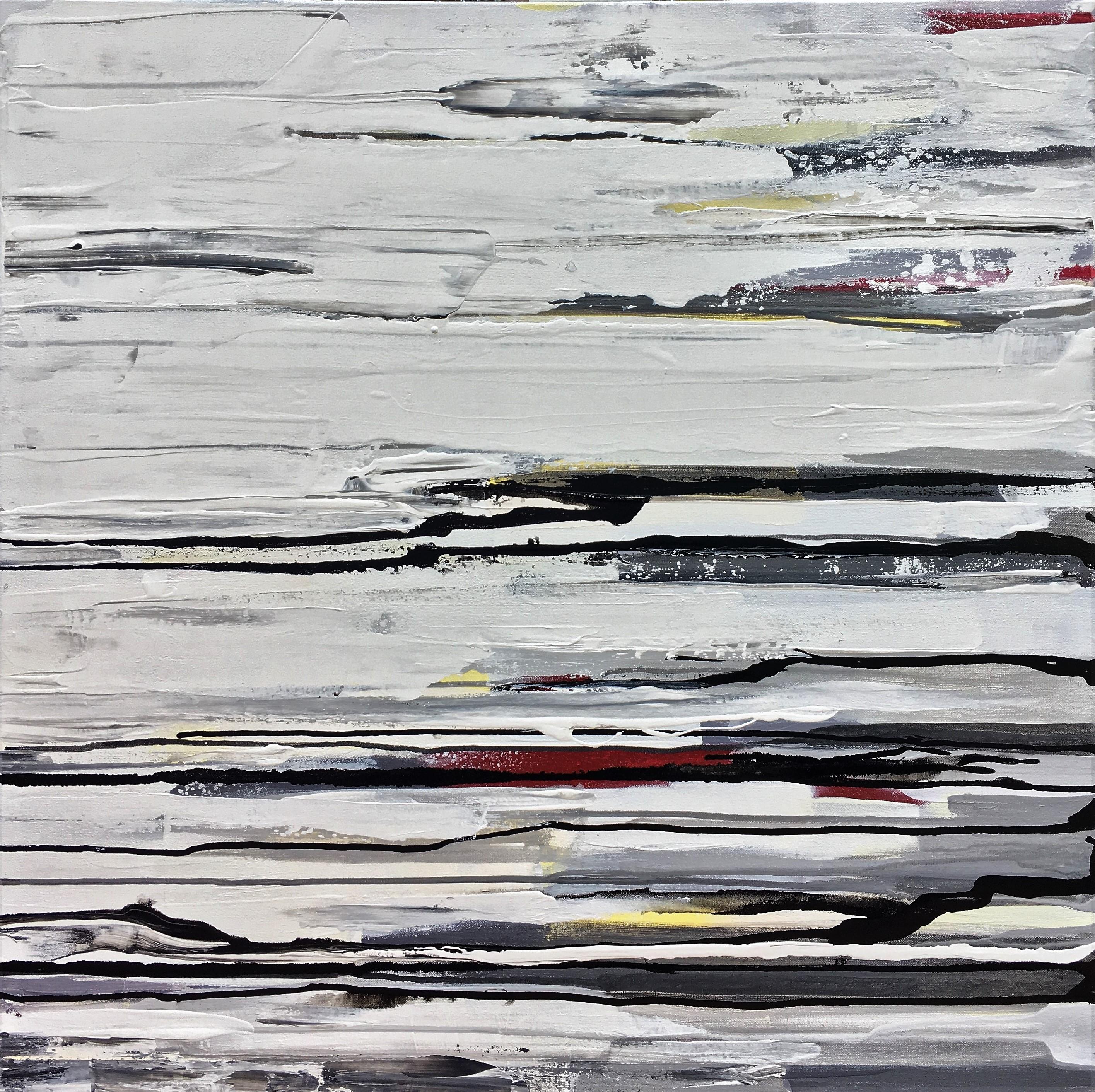 Artist Commentary:
Watching the flow of paint as it rolls down the canvas is a beautiful thing, in my mind. I truly enjoyed mixing and pouring and watching the painting develop into this piece that I love.

Keywords: Stripes, white, calm, movement,