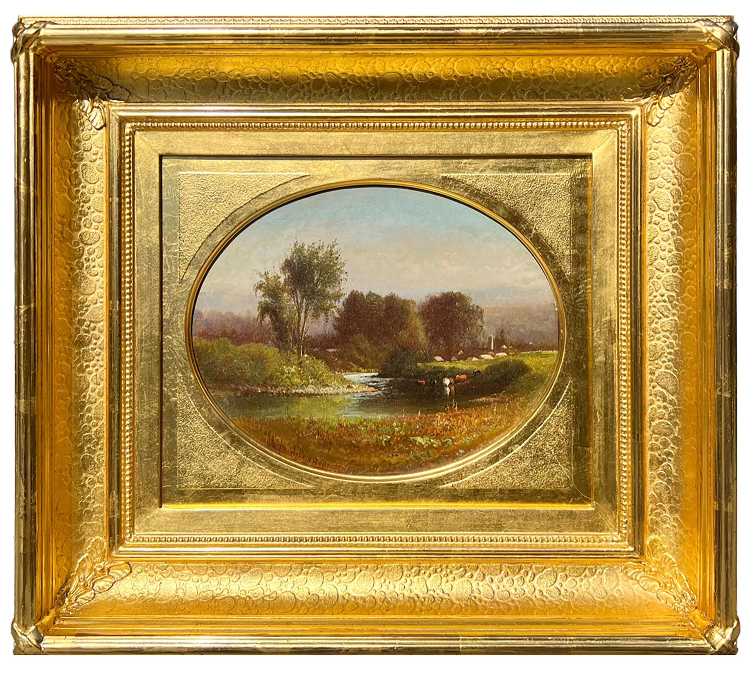 Das von der Hudson River School-Künstlerin Julie Hart Beers (1835-1913) gemalte Bild "Summer along the Boquet River" ist in Öl auf Leinwand gemalt und misst 9 x 11 Zoll. Es ist unten links signiert und datiert 1875. Das Werk ist in einem eleganten,