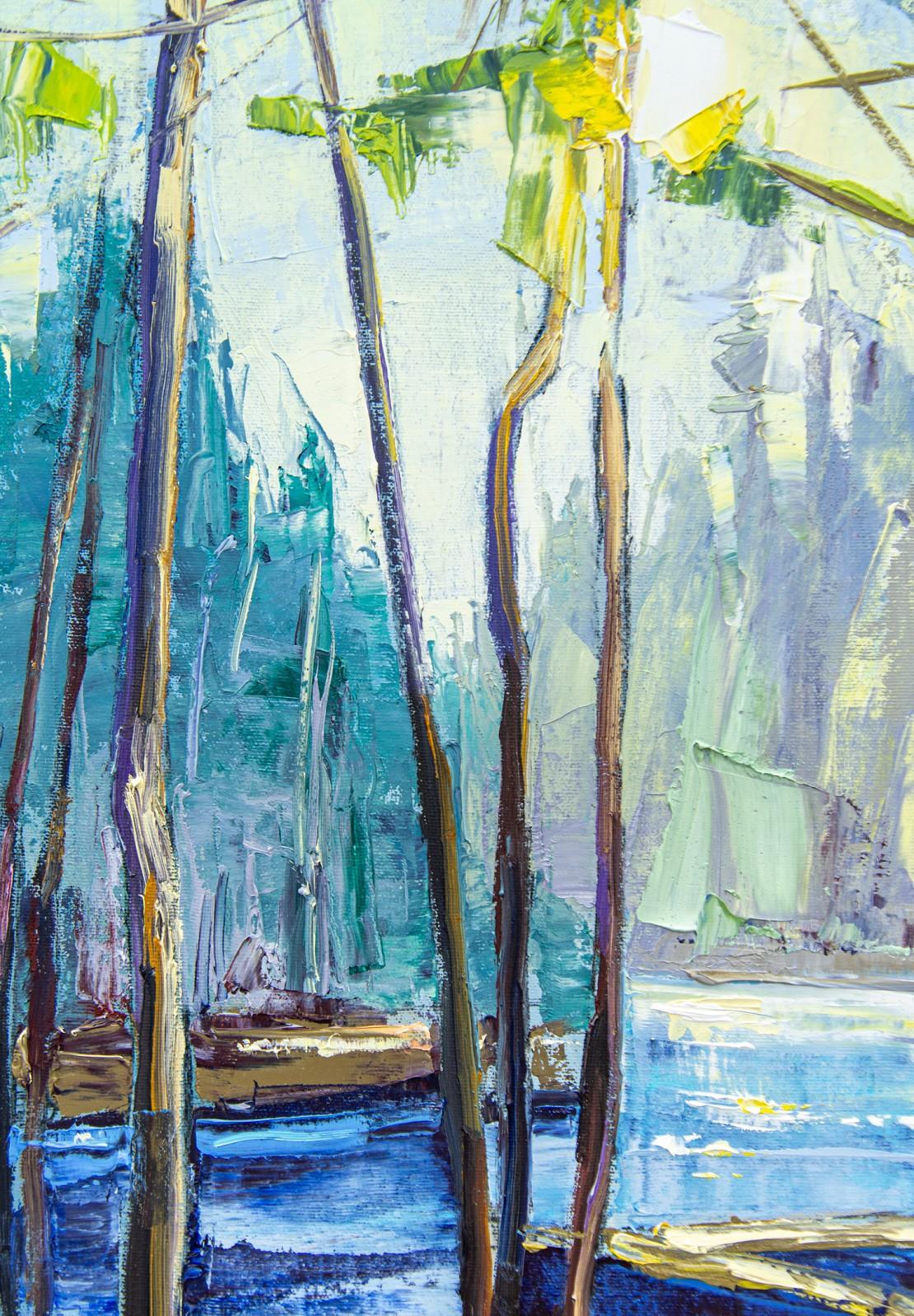 This stunning landscape is Julie Himel’s memory of a day spent hiking deep in the ancient woods of British Columbia. She was struck by the cycle of life apparent in the old fallen trees, the fresh new growth and the lake. Tall trees line the shore