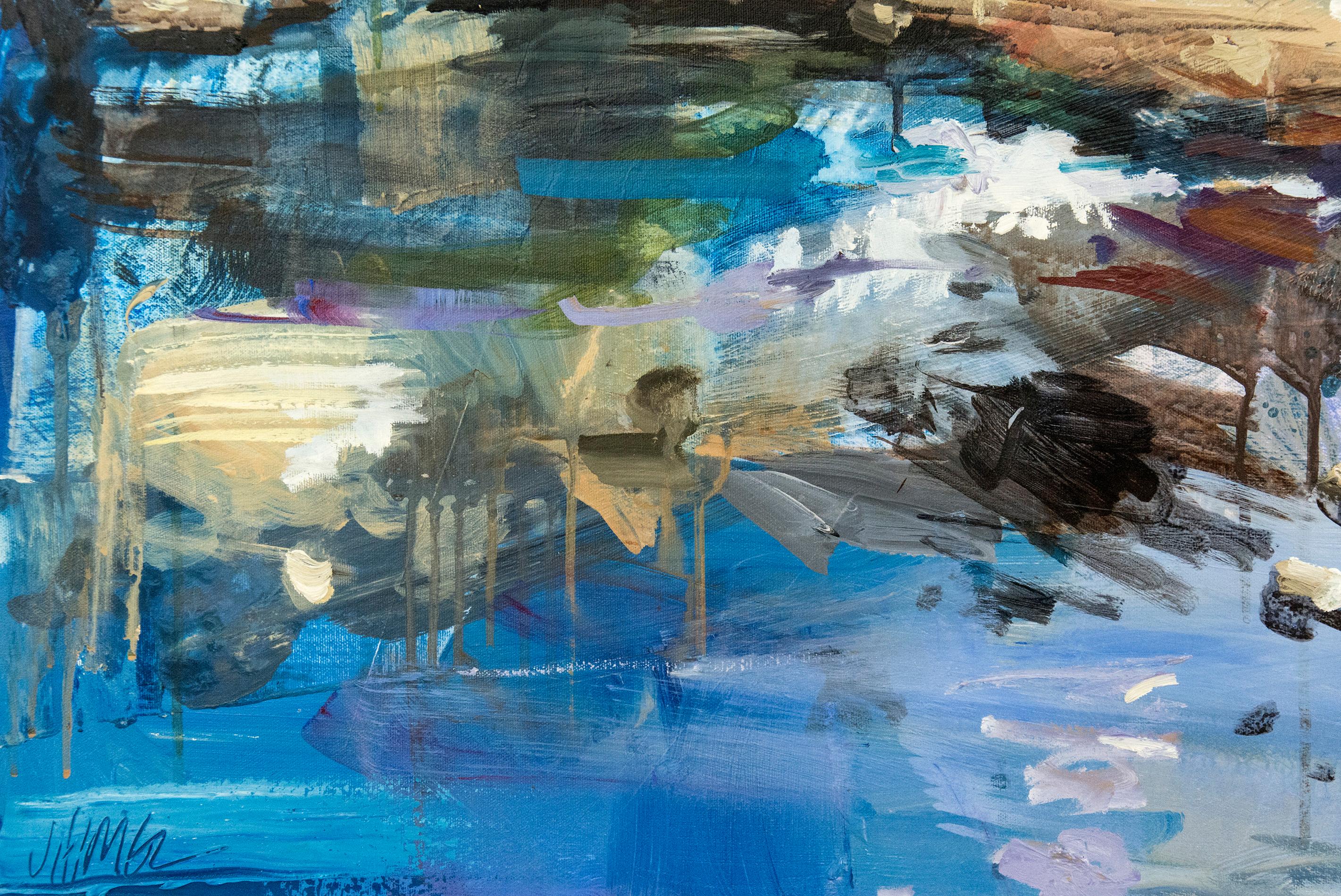 Dazzling indigo water moves through a dynamic, gestural landscape in this mixed media painting by Julie Himel.

Julie Himel completed a BFA at York University with additional studies at the Toronto School of Art and Langara College in Vancouver. 