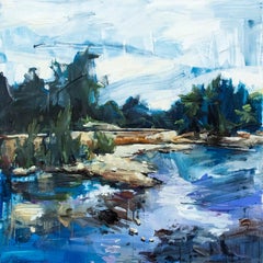 Moving Light - cool, vibrant, gestural landscape, oil and acrylic on canvas