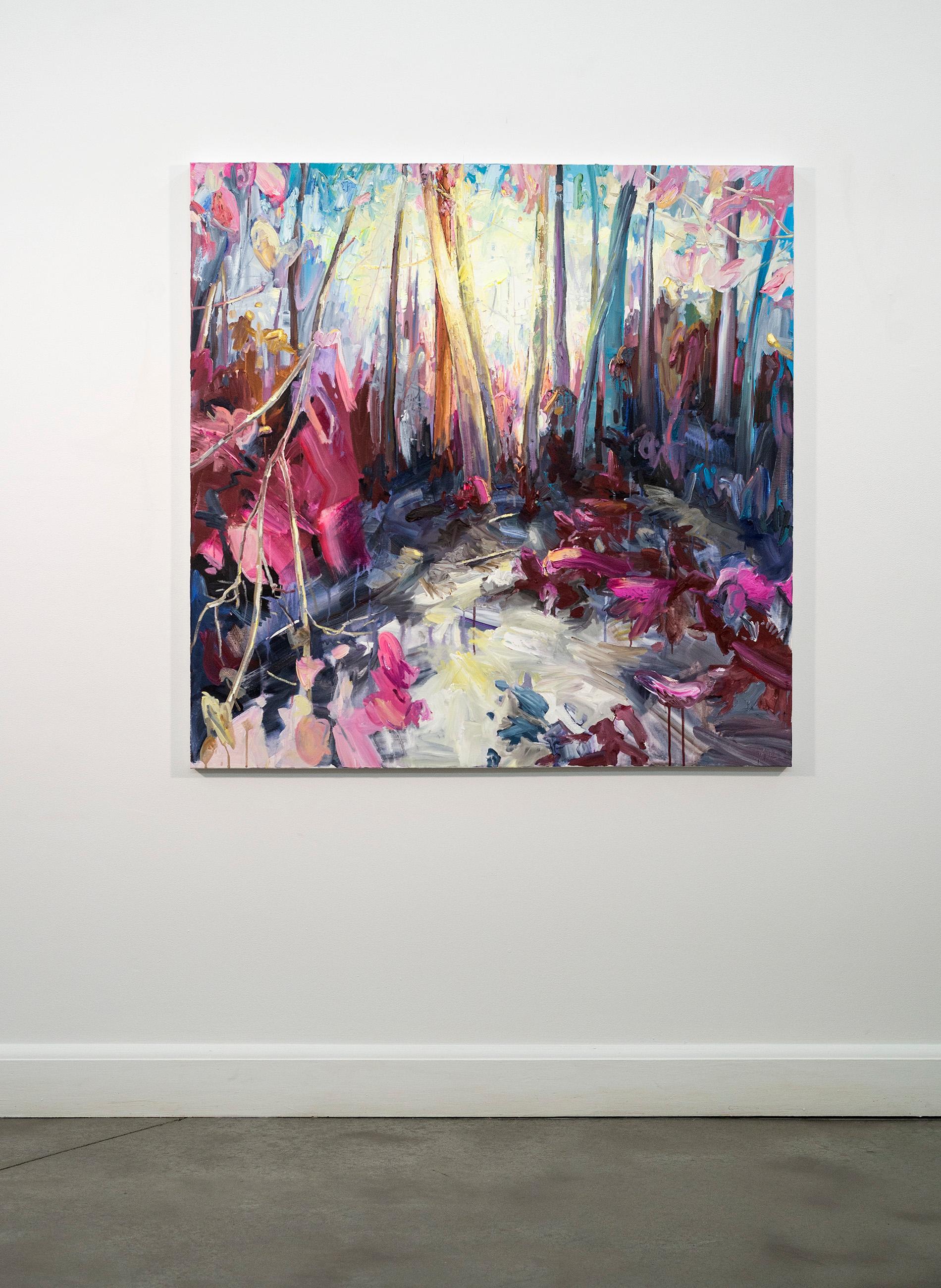 Toronto artist Julie Himel’s vividly colourful artwork offers a fresh and contemporary vision of ‘the landscape.’ Himel’s abstracts are often inspired by moments and memories of time spent in nature. This mixed media piece of a forest glade in