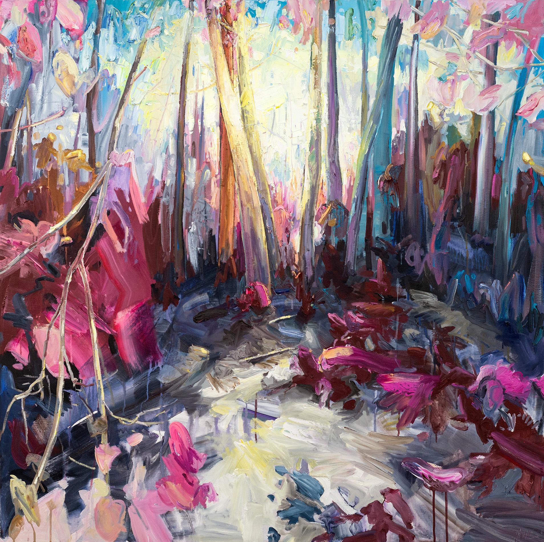 Seasonal Amnesia IV - vibrant, abstracted landscape, oil and acrylic on canvas - Painting by Julie Himel