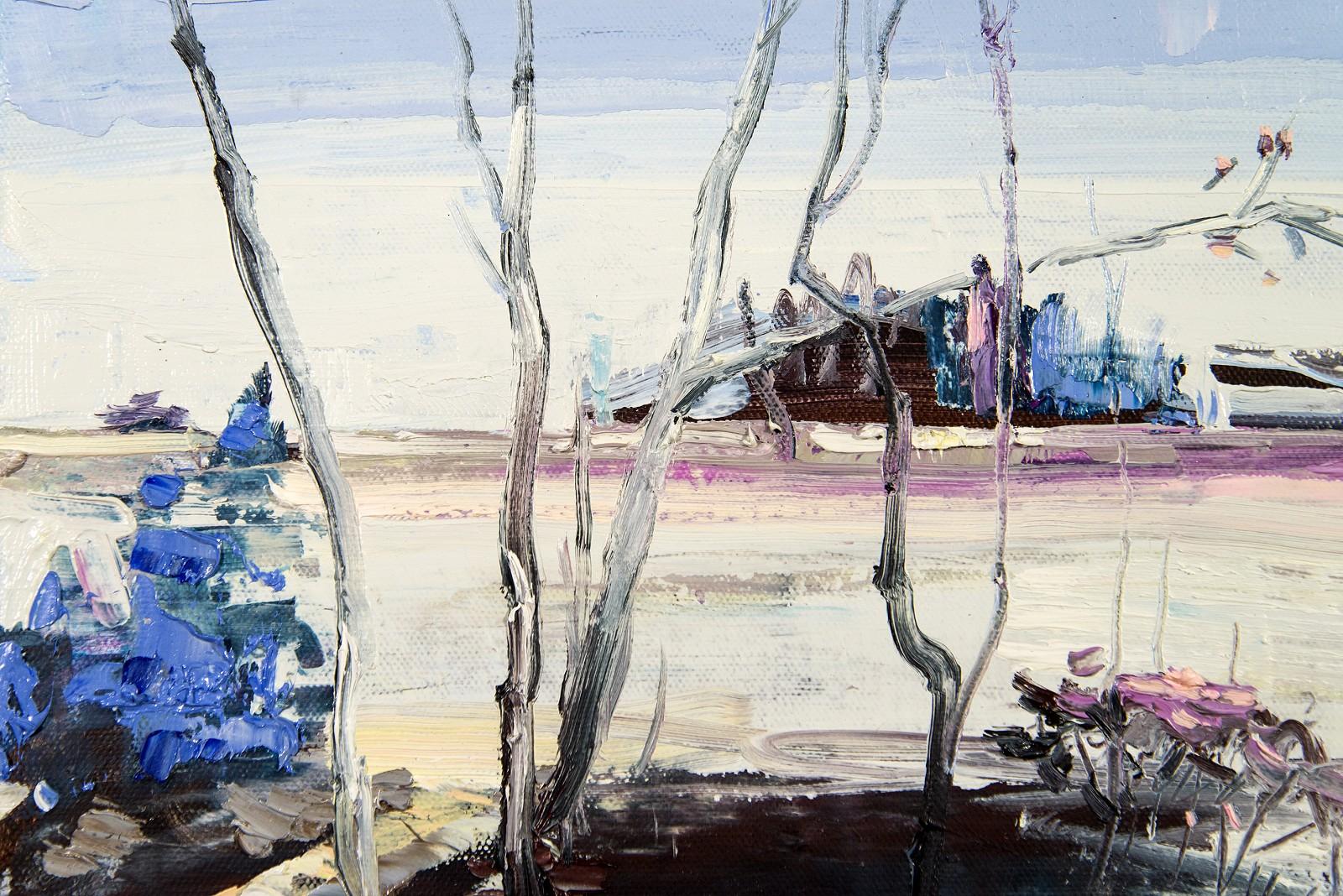 Quelleneingang – kleine, lebendige, ausdrucksstarke, gestische Landschaft, Öl auf Leinwand (Violett), Landscape Painting, von Julie Himel