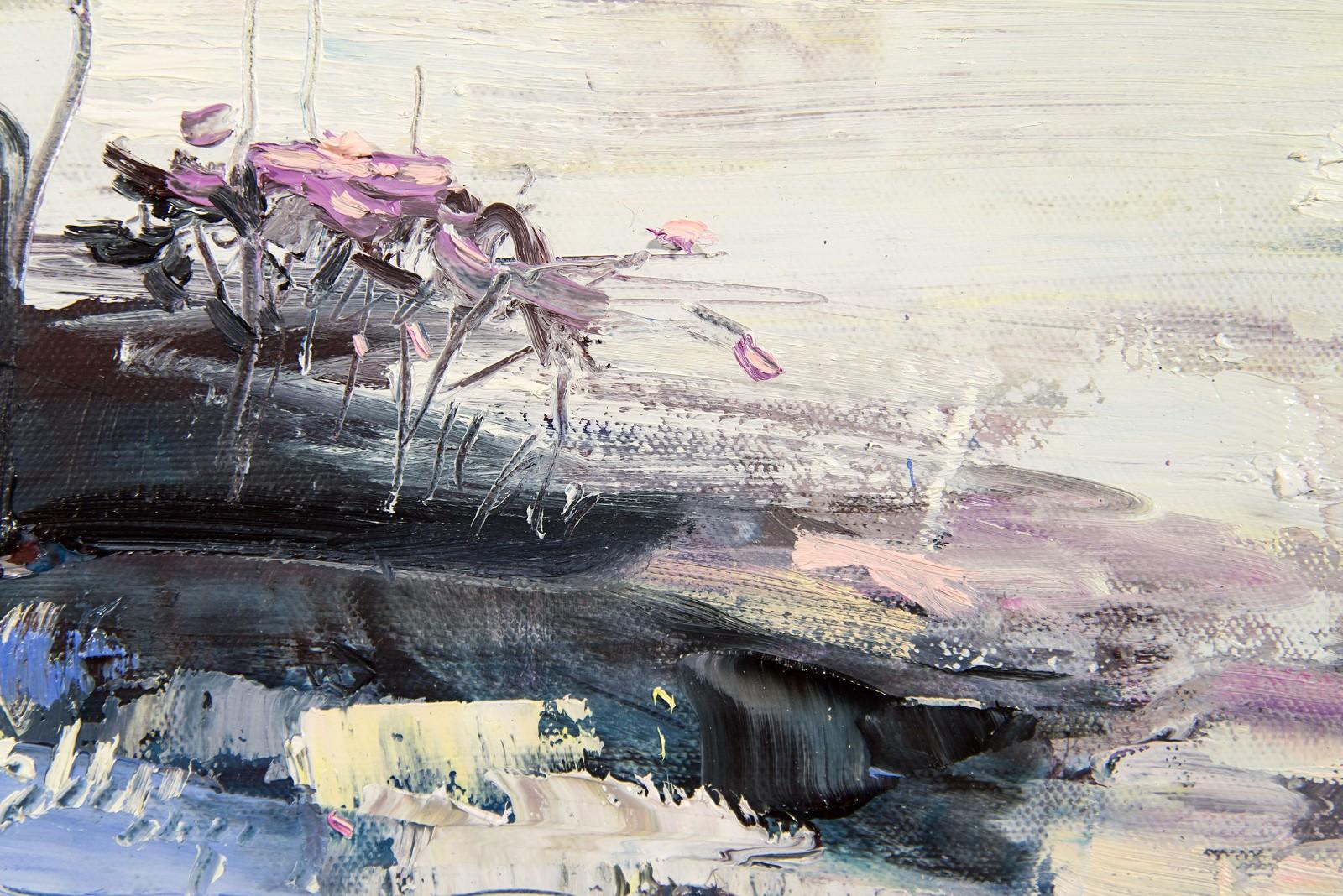 Source Entry - small, vibrant, expressive, gestural landscape, oil on canvas - Purple Landscape Painting by Julie Himel