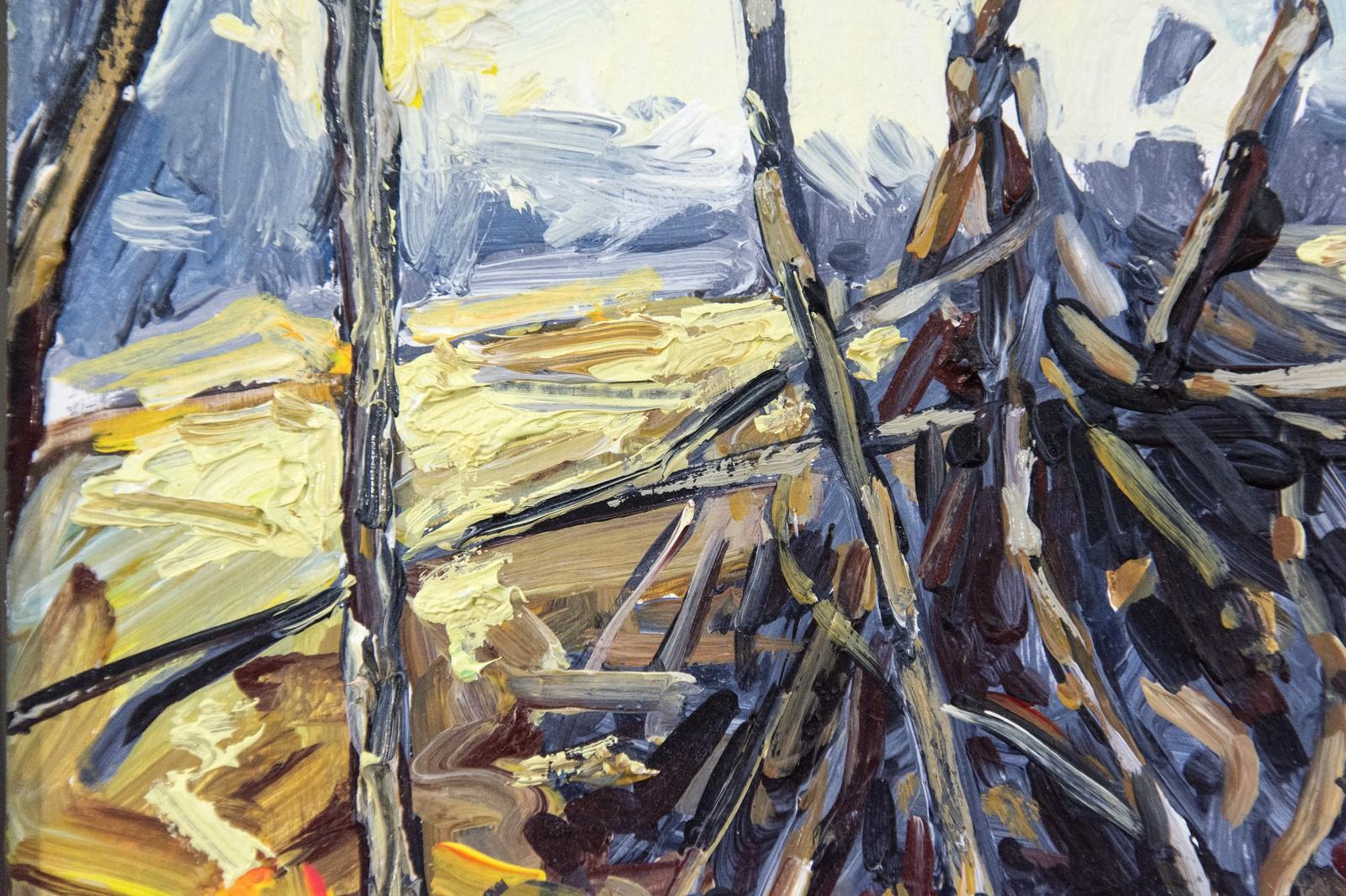 A distant landscape is viewed through a lattice of dark branches in this delightful and intimately sized composition by Julie Himel. This en plein air impasto landscape is framed, 6.25 x 6.25 inches.

Julie Himel completed a BFA at York University