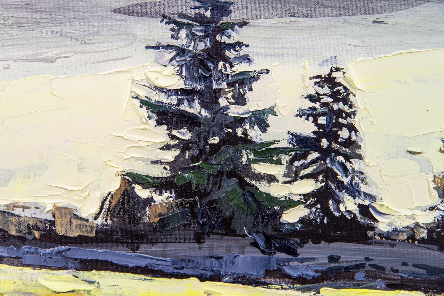 This dramatic composition of a shoreline, forest and sky is by Toronto artist Julie Himel. Known for her imaginative interpretation of the traditional landscape, Himel often uses a bright colour palette. This piece, in mixed media displays rich and