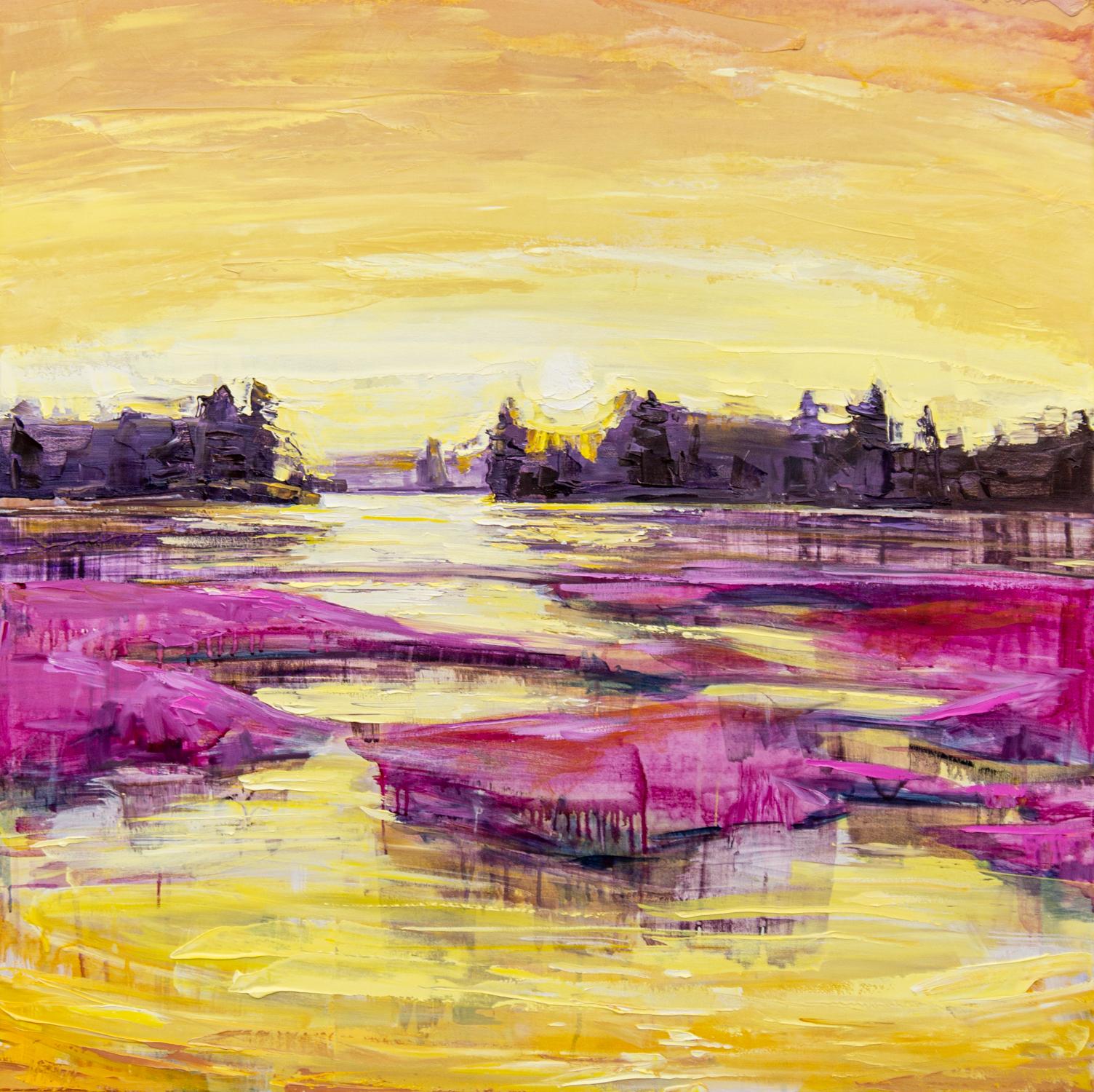 Julie Himel Throwing Voice warm, vibrant, abstracted landscape, oil and acrylic on canvas