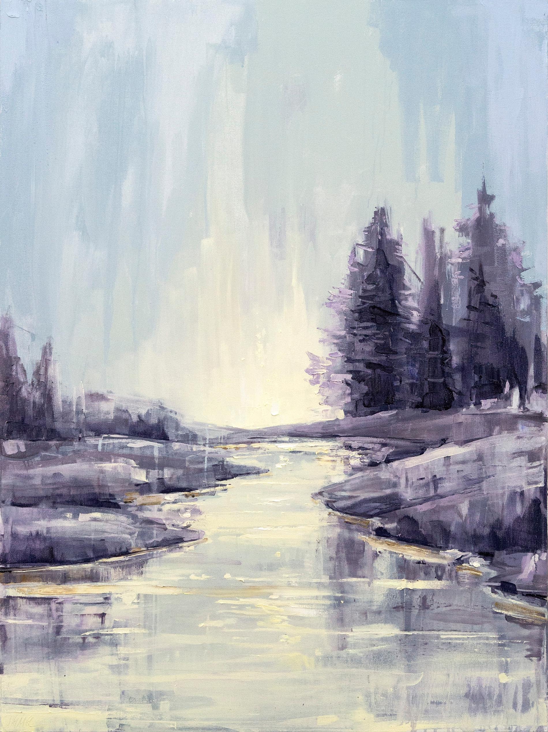 Julie Himel Landscape Painting – Übersetzungen der Stille – kühle, abstrakte Landschaft, Öl und Acryl auf Leinwand