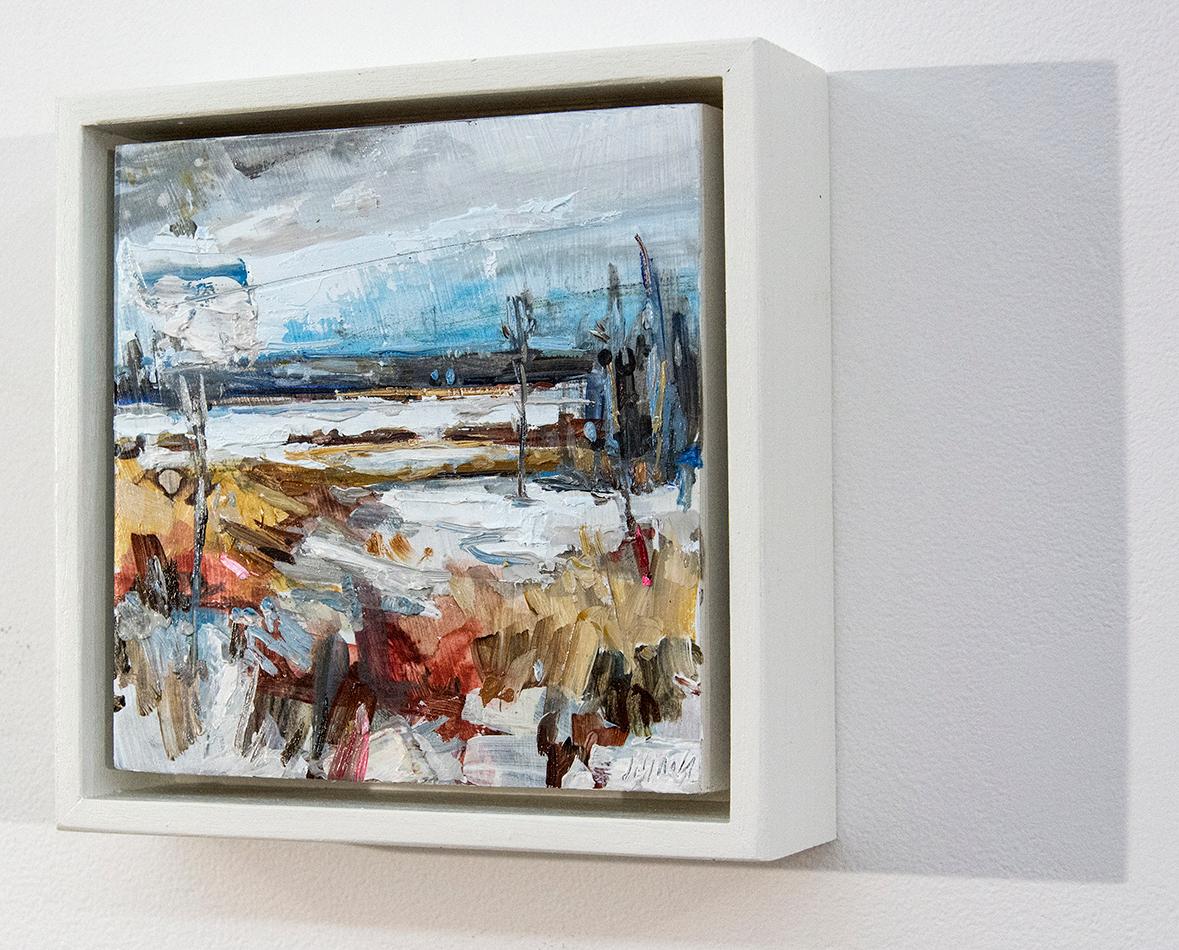 Winter's Myth - small, vibrant, gestural landscape, oil and acrylic on canvas - Contemporary Painting by Julie Himel