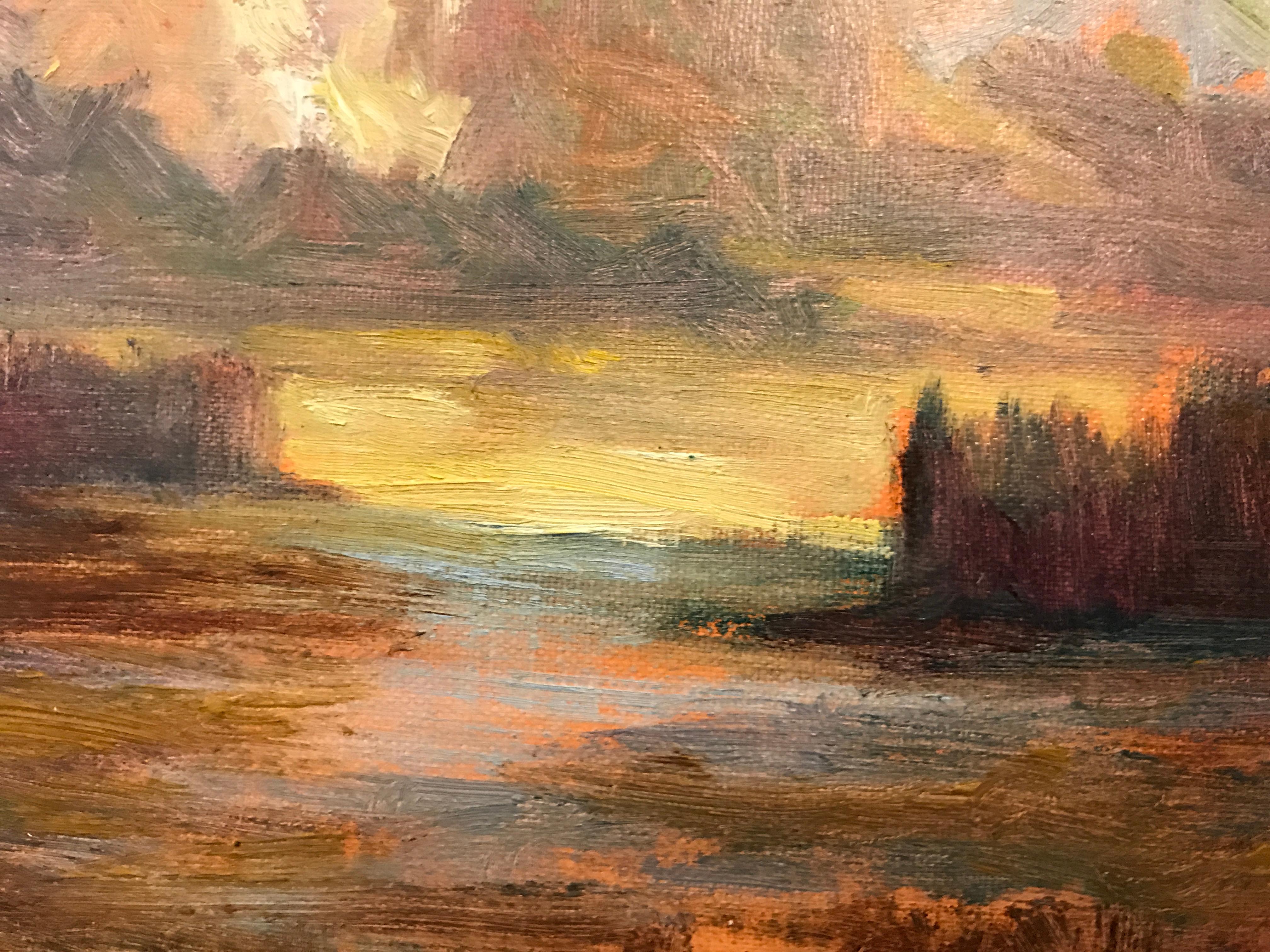 'Breaking Through' is a small Post-Impressionist oil on linen on panel plein-air landscape painting created by American artist Julie Houck in 2018. Featuring a soft palette made of brown, russet and yellow tones accented with delicate touches of