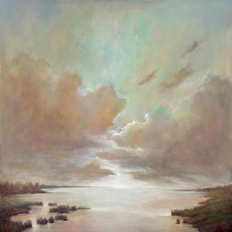 Puedes tocar la tranquilidad de Julie Houck, Óleo cuadrado grande de paisaje sobre lino
